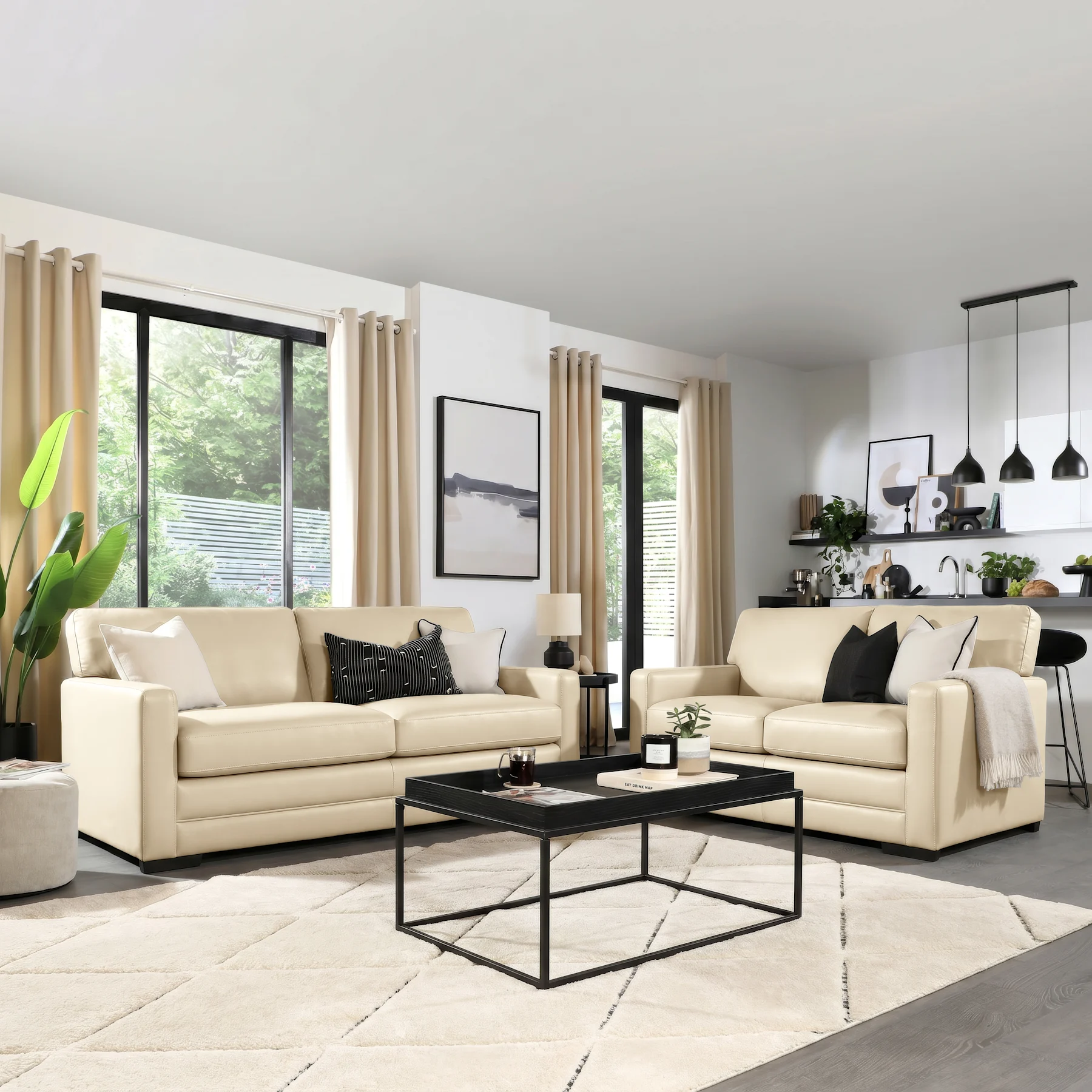 Arden 3+2 Seater Sofa Set, Ivory Premium Faux Leather