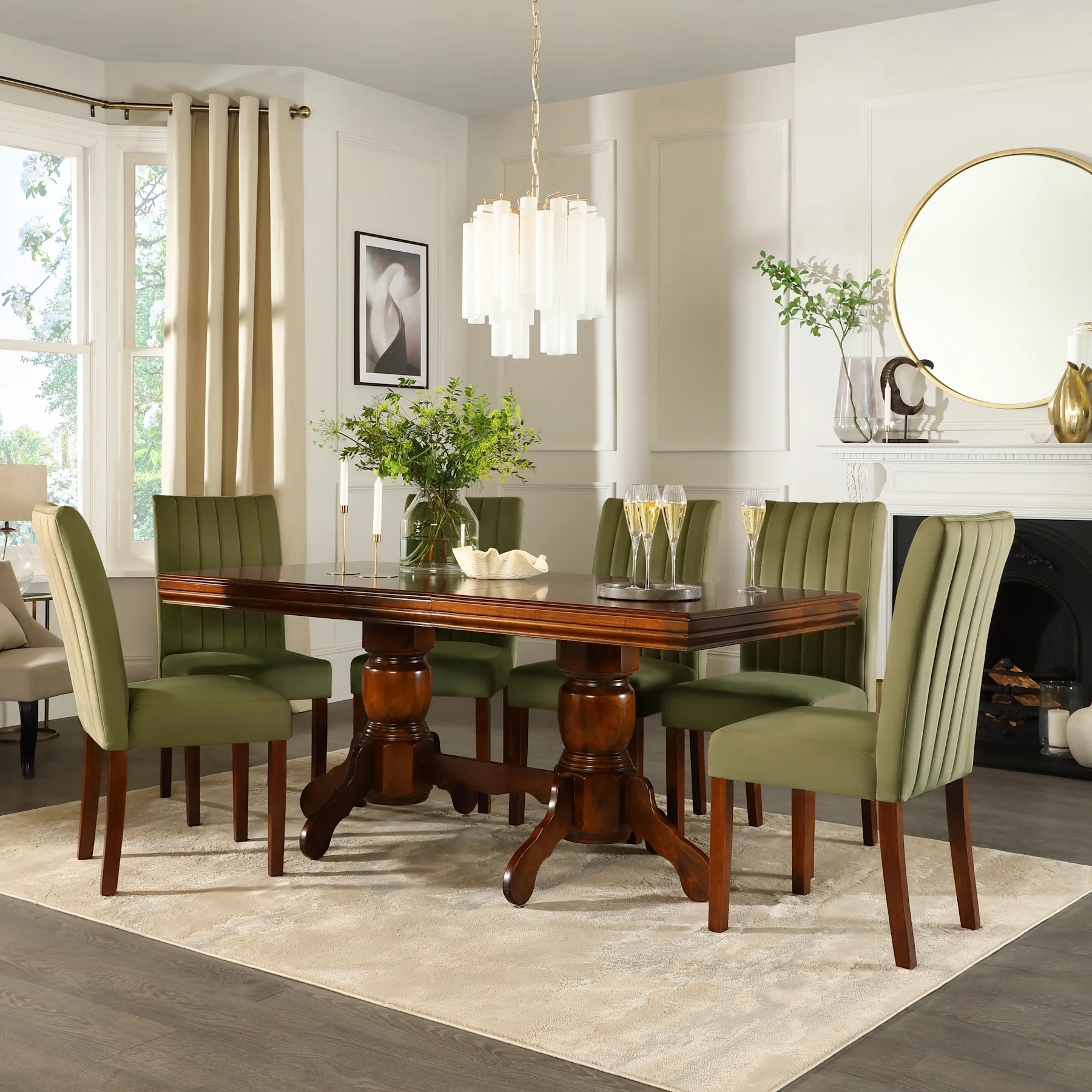 Chatsworth Extending Dining Table & 4 Salisbury Chairs, Dark Birch Veneer & Solid Hardwood, Olive Green Classic Plush Fabric & Dark Solid Hardwood, 150-180cm