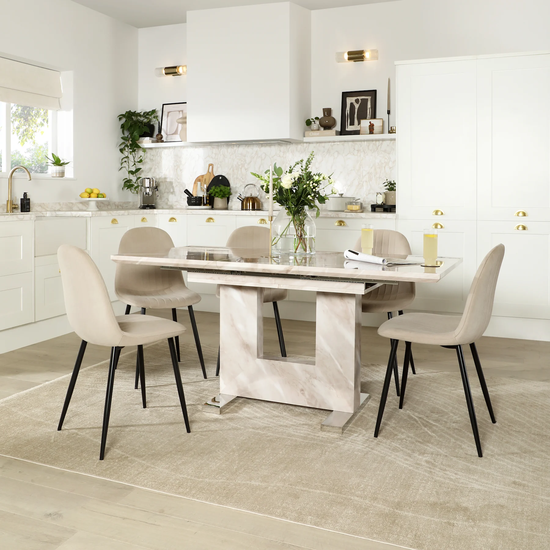 Florence Extending Dining Table & 4 Brooklyn Chairs, Beige Marble Effect, Champagne Classic Velvet & Black Steel, 120-160cm
