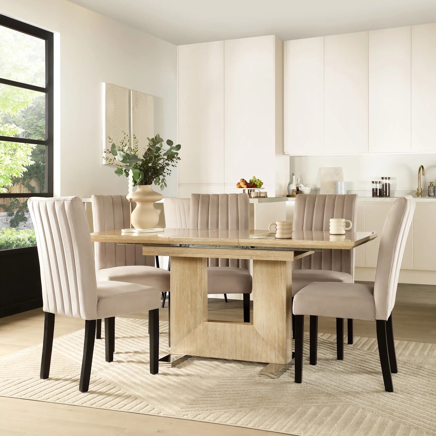 Florence Extending Dining Table & 6 Salisbury Chairs, Travertine Stone Effect, Beige Classic Plush Fabric & Black Solid Hardwood, 120-160cm