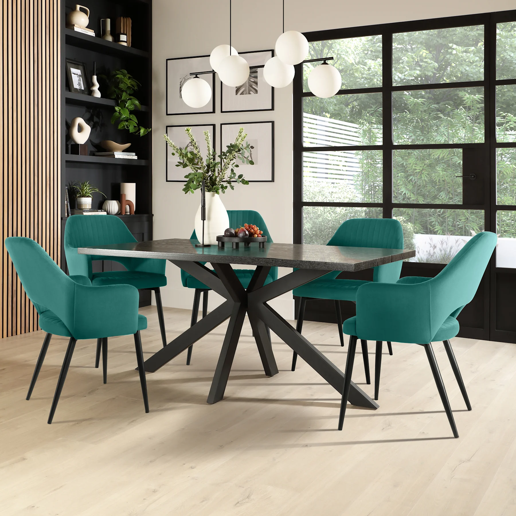 Madison Dining Table & 6 Clara Chairs, Black Oak Effect & Black Steel, Teal Classic Velvet, 160cm