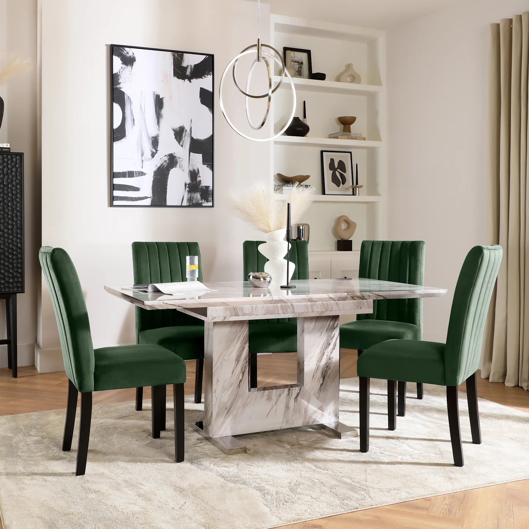Florence Extending Dining Table & 4 Salisbury Chairs, Grey Marble Effect, Moss Green Classic Velvet & Black Solid Hardwood, 120-160cm