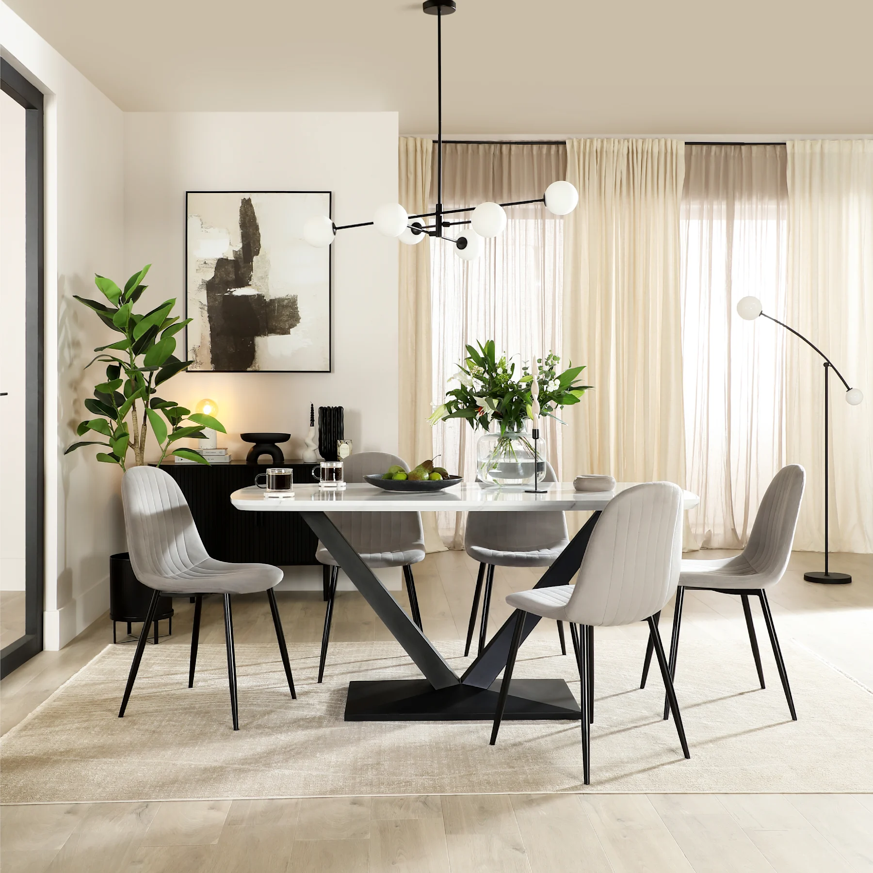 Avanta Dining Table & 4 Brooklyn Dining Chairs, White Marble Effect & Black Steel, Grey Classic Velvet, 160cm