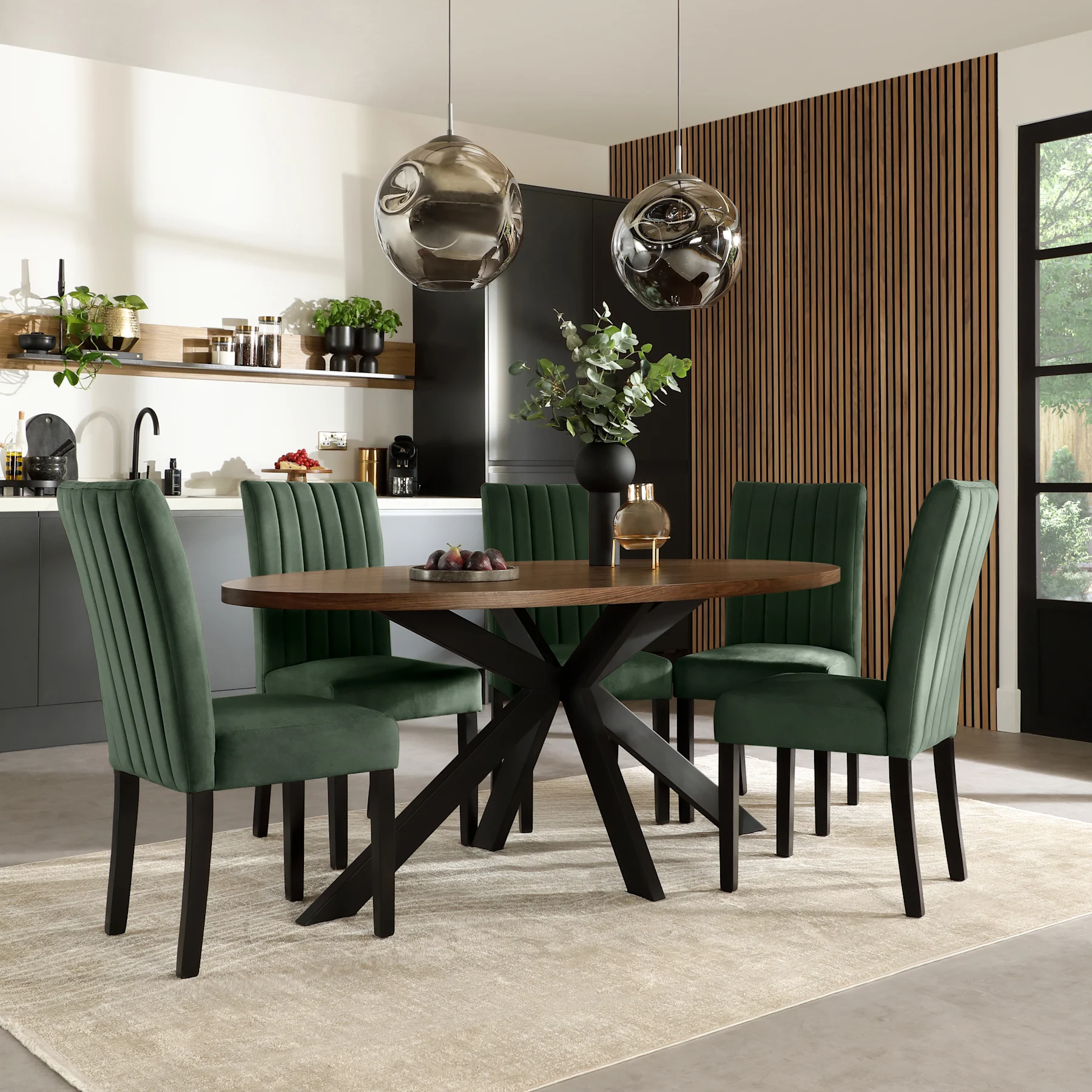 Madison Oval Industrial Dining Table & 6 Salisbury Chairs, Walnut Effect & Black Steel, Moss Green Classic Velvet & Black Solid Hardwood, 180cm