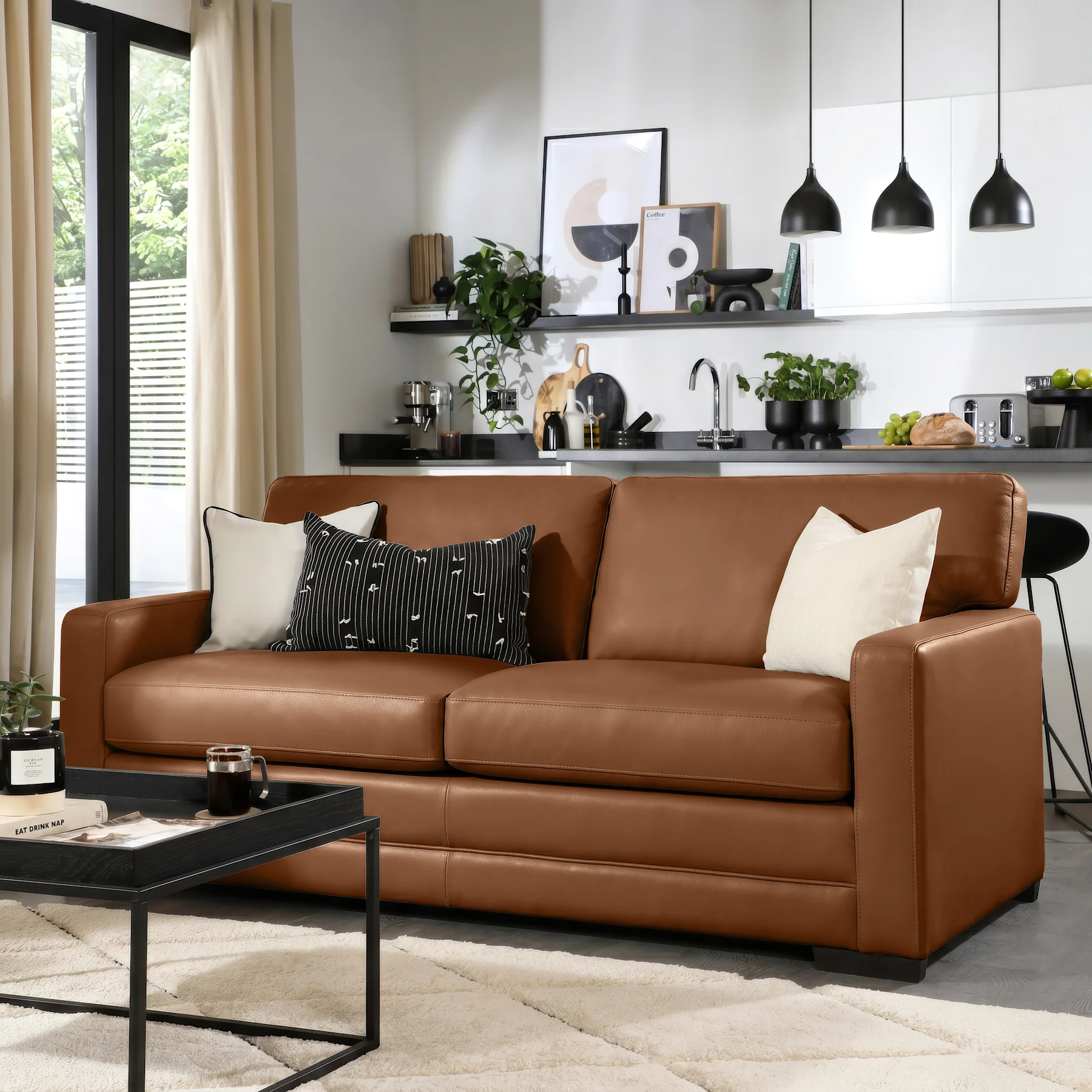 Arden 3 Seater Sofa, Tan Premium Faux Leather