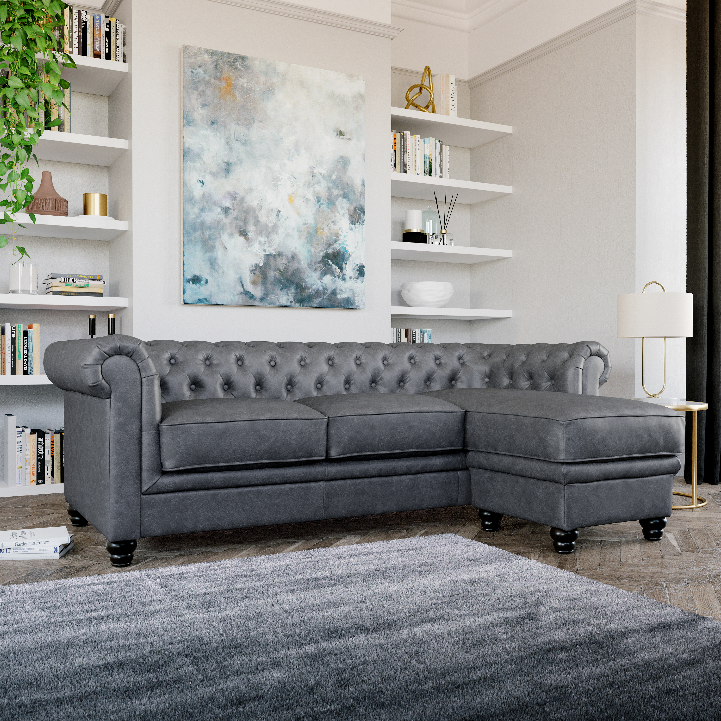 Hampton Chesterfield L-shape Corner Sofa, Vintage Grey Premium