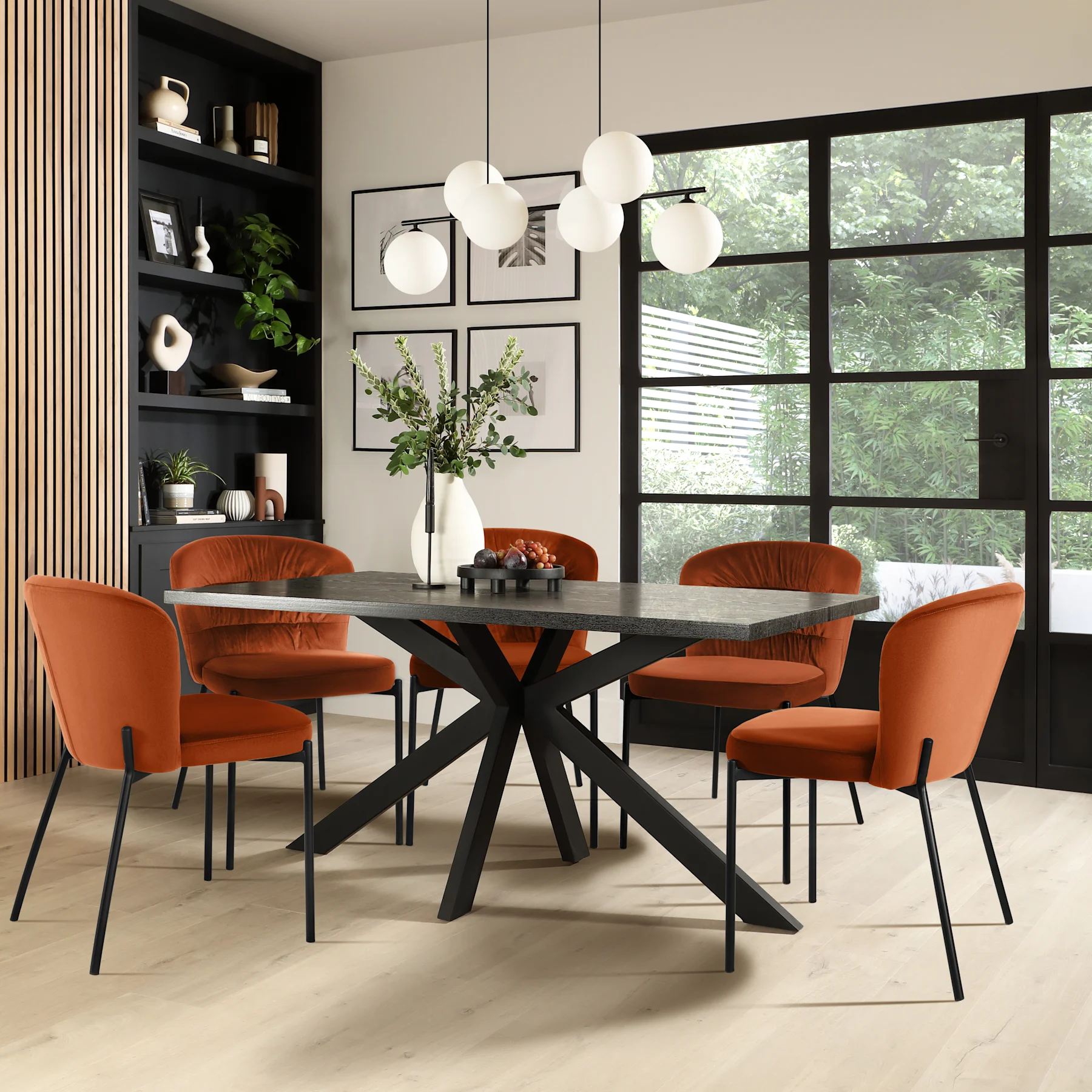 Madison Dining Table & 6 Gianna Chairs, Black Oak Effect & Black Steel, Burnt Orange Classic Velvet, 160cm