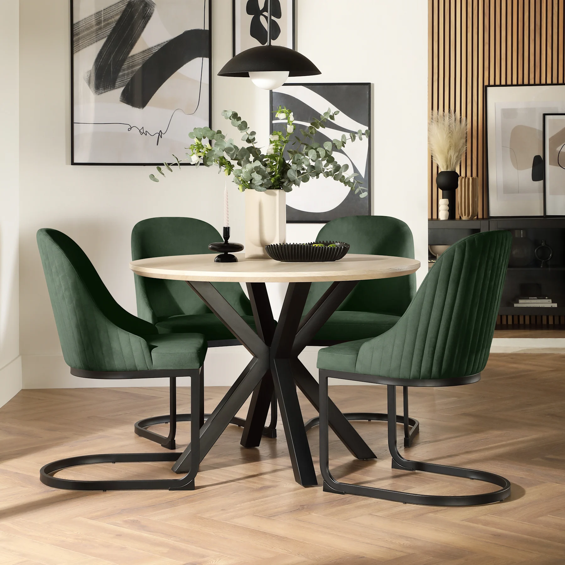 Newark Round Dining Table & 4 Riva Chairs, Light Oak Effect & Black Steel, Moss Green Classic Velvet, 110cm