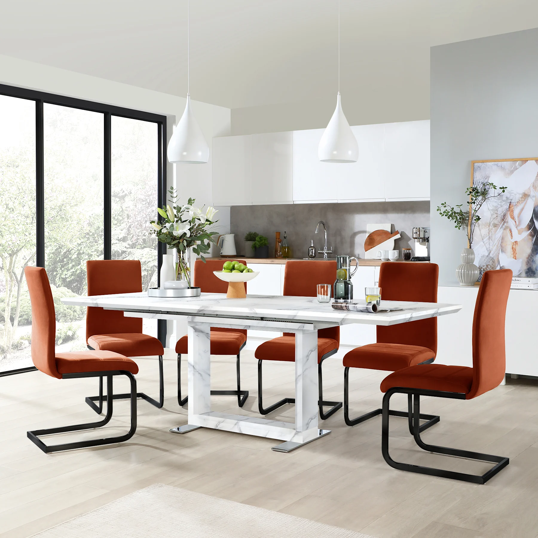 Tokyo Extending Dining Table & 4 Perth Chairs, White Marble Effect, Burnt Orange Classic Velvet & Black Steel, 160-220cm