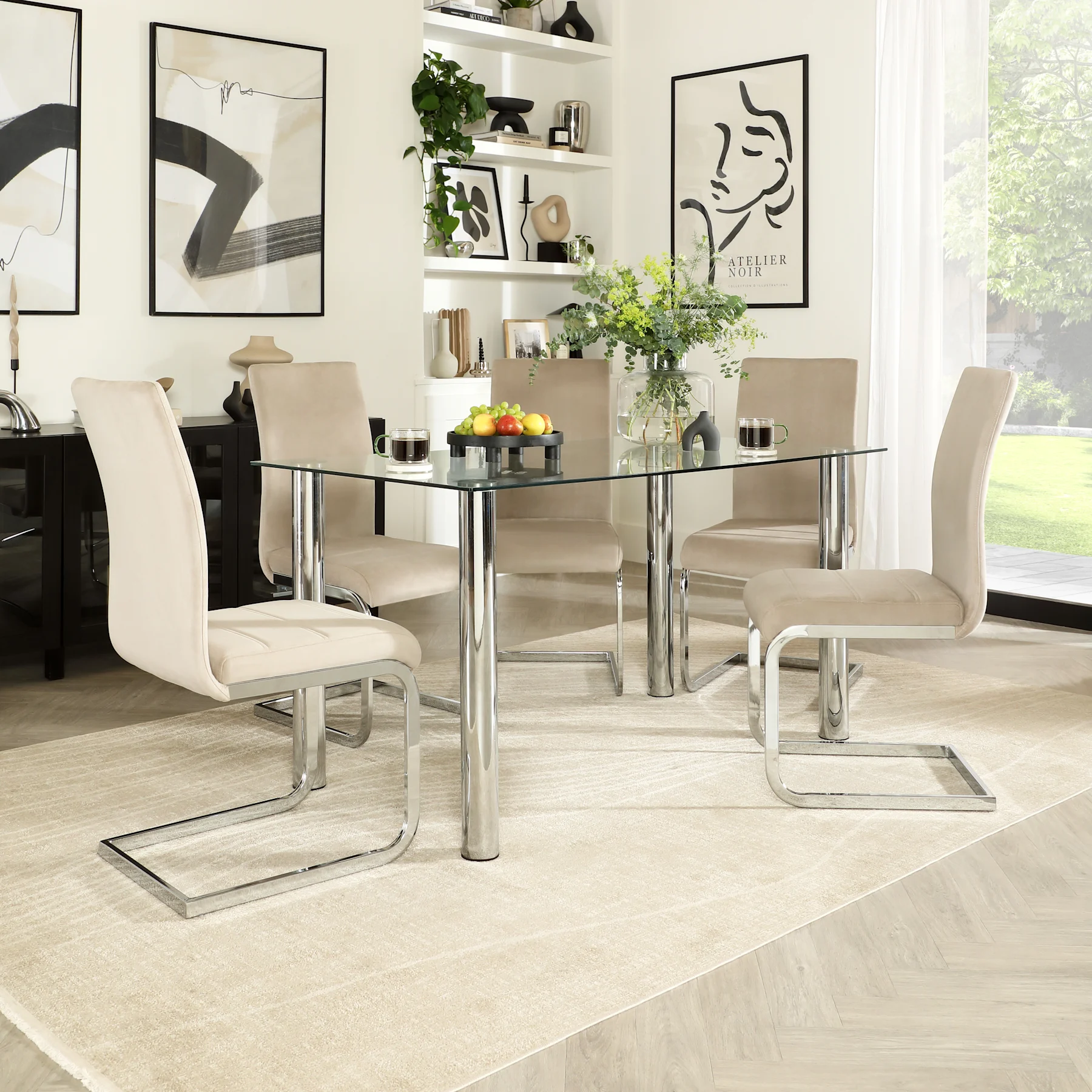 Lunar Dining Table & 6 Perth Chairs, Glass & Chrome, Champagne Classic Velvet, 140cm