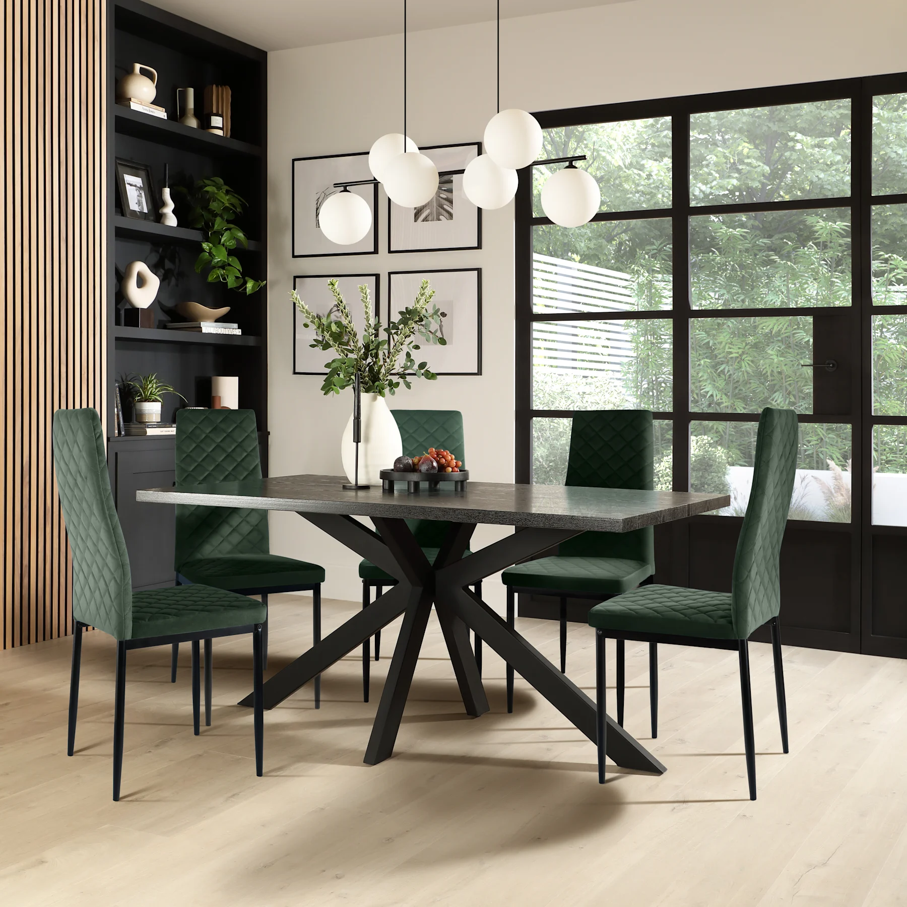 Madison Dining Table & 4 Renzo  Chairs, Black Oak Effect & Black Steel, Moss Green Classic Velvet, 150cm