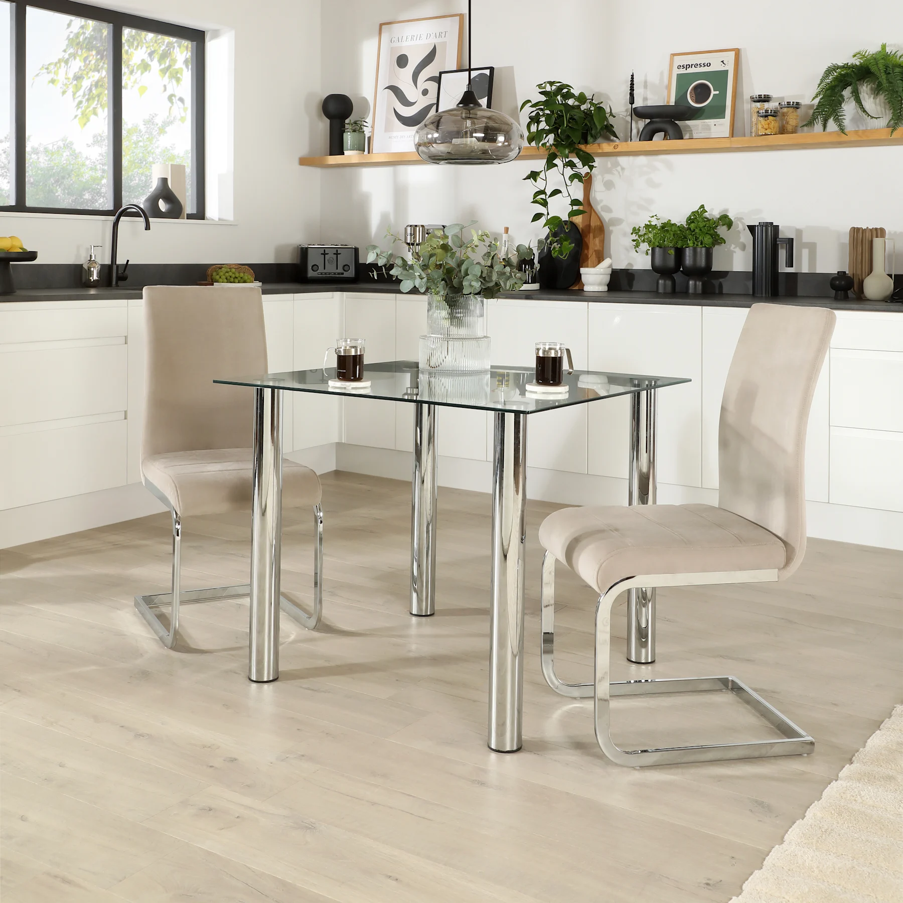 Nova Square Dining Table & 2 Perth Chairs, Glass & Chrome, Champagne Classic Velvet, 90cm