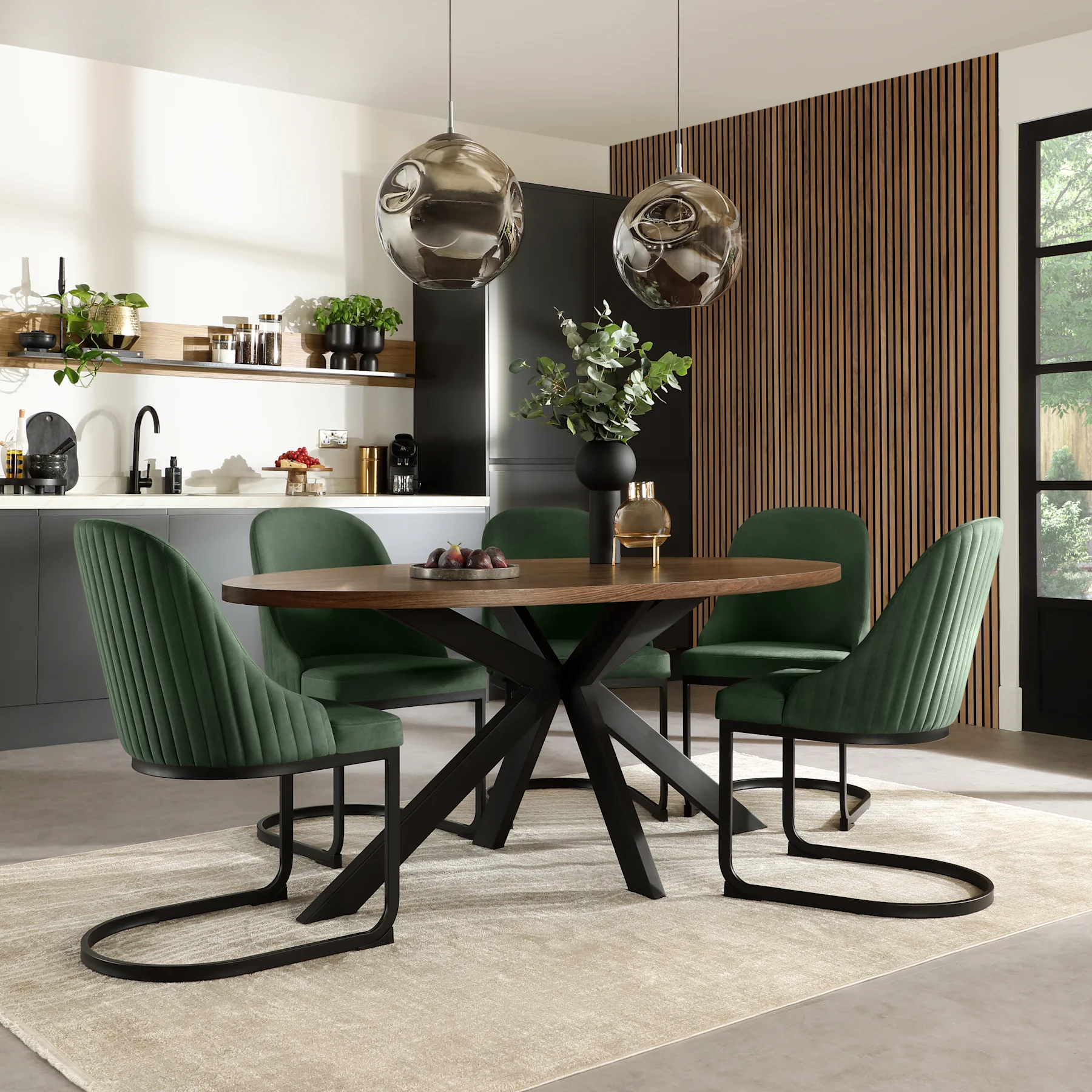 Madison Oval Industrial Dining Table & 4 Riva Chairs, Walnut Effect & Black Steel, Moss Green Classic Velvet, 180cm