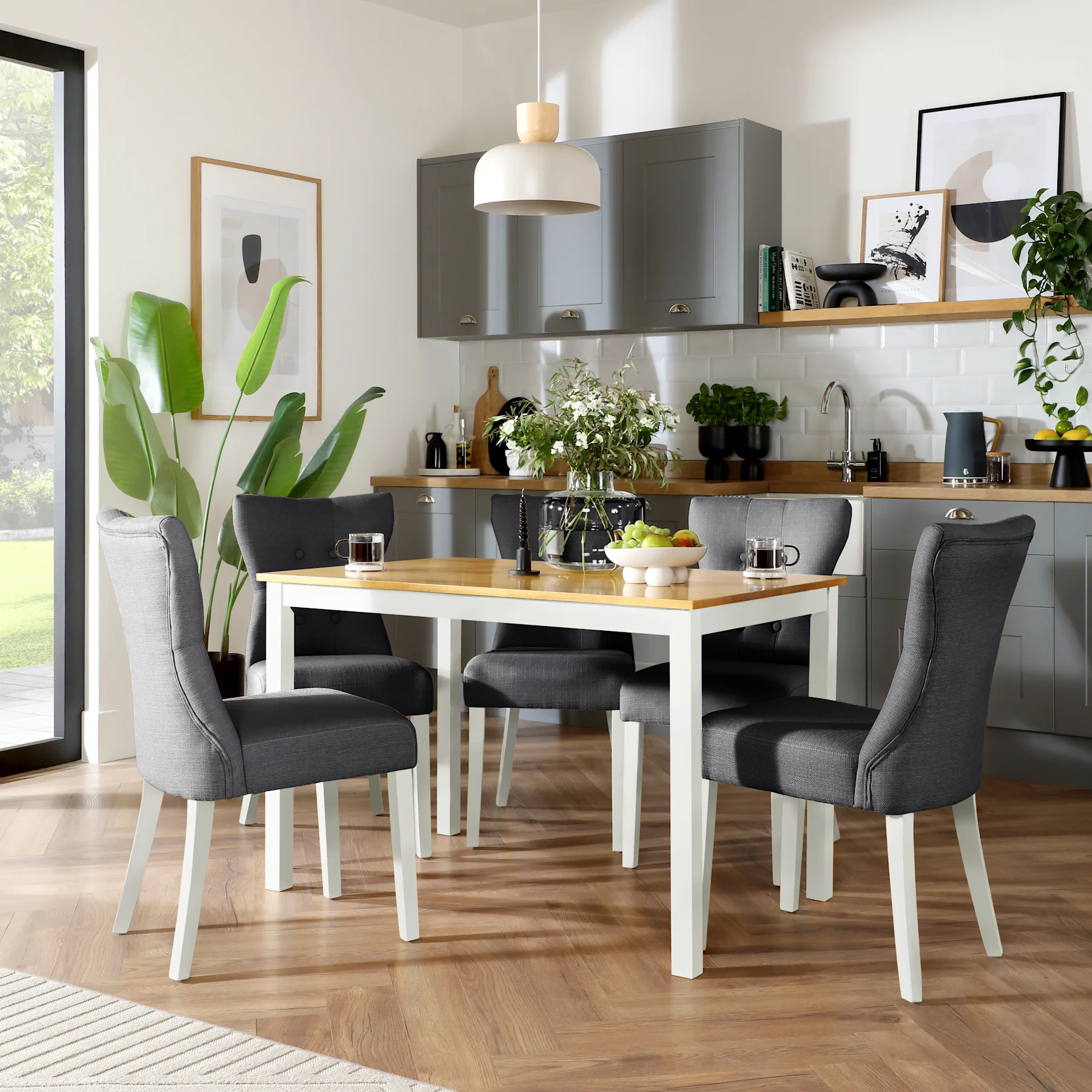 Milton Dining Table & 6 Bewley Chairs, Natural Oak Finish & White Solid Hardwood, Slate Grey Classic Linen-Weave Fabric, 120cm