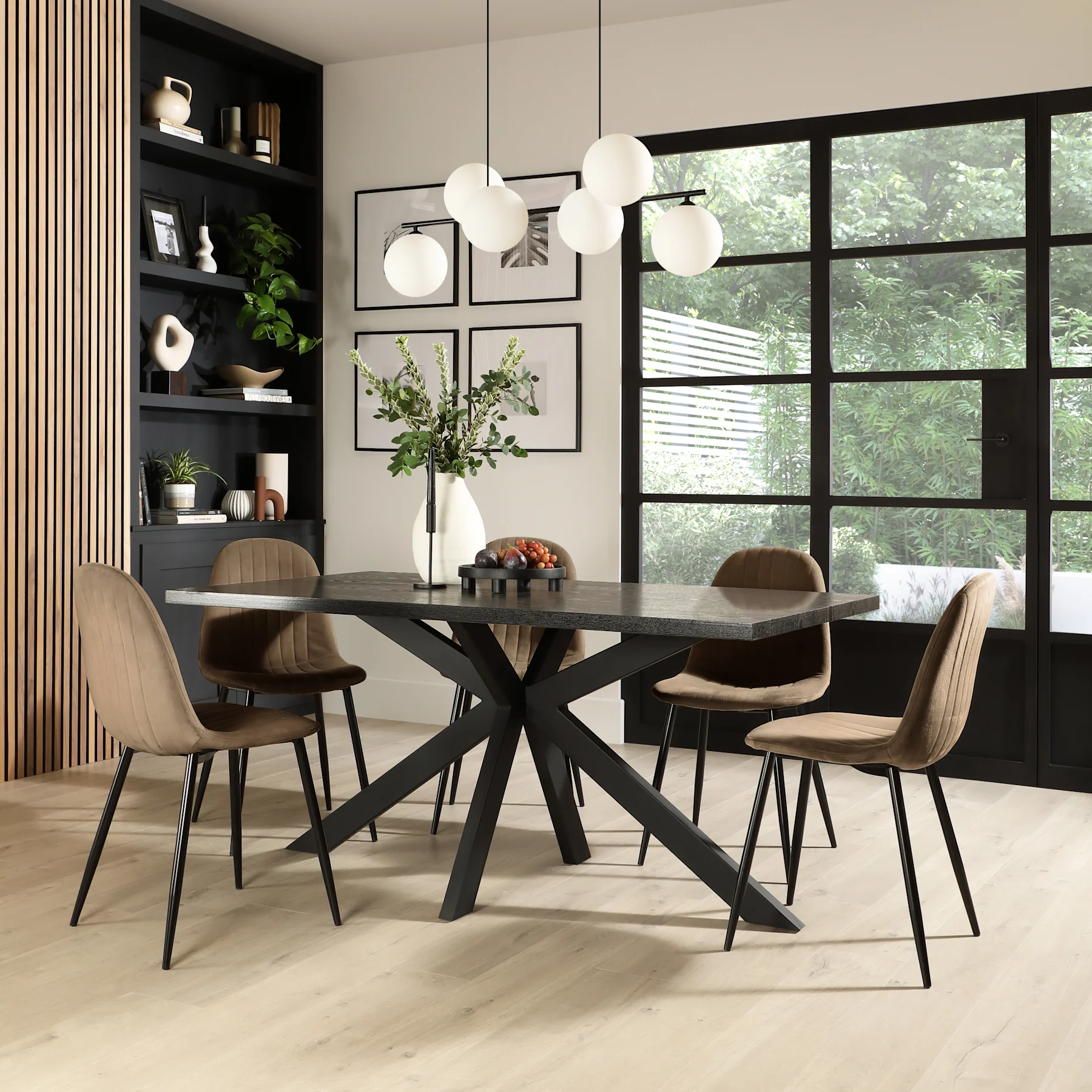 Madison Dining Table & 4 Brooklyn Chairs, Black Oak Effect & Black Steel, Beige Classic Velvet, 160cm