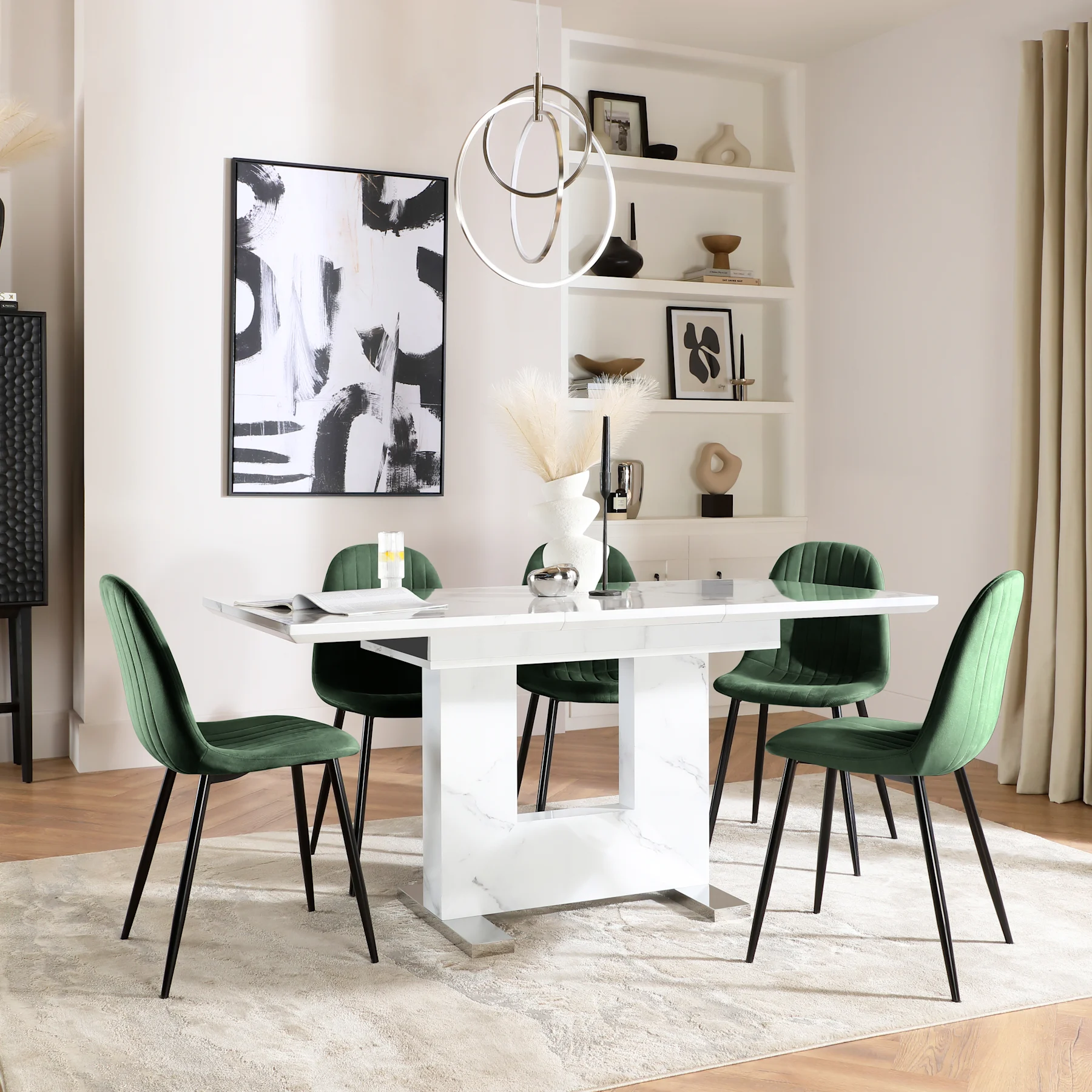 Florence Extending Dining Table & 6 Brooklyn Chairs, White Marble Effect, Moss Green Classic Velvet & Black Steel, 120-160cm