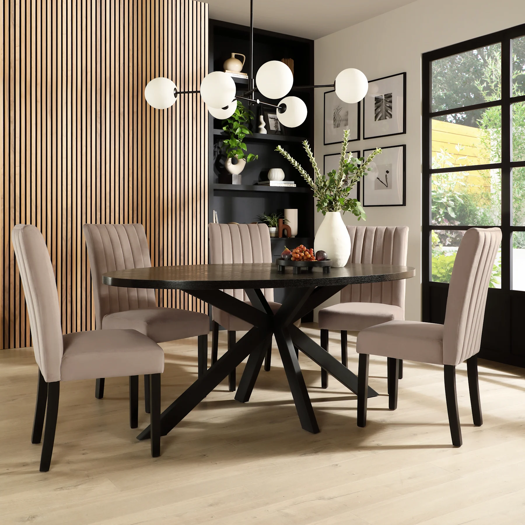 Madison Oval Dining Table & 6 Salisbury Chairs, Black Oak Effect & Black Steel, Beige Classic Plush Fabric & Black Solid Hardwood, 180cm