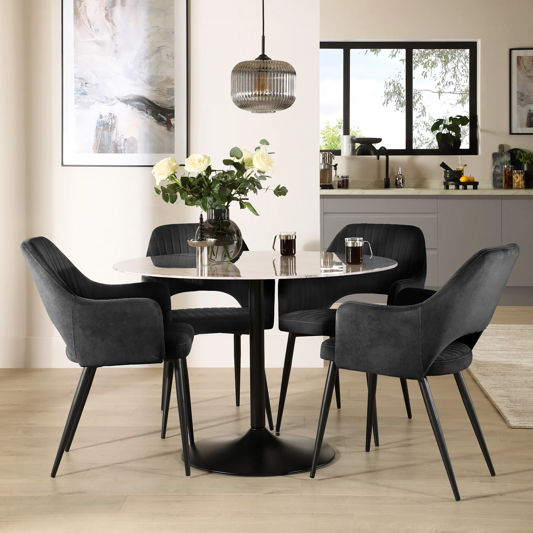 Orbit Round Dining Table & 4 Clara Chairs, Grey Marble Effect & Black Steel, Black Classic Velvet, 110cm