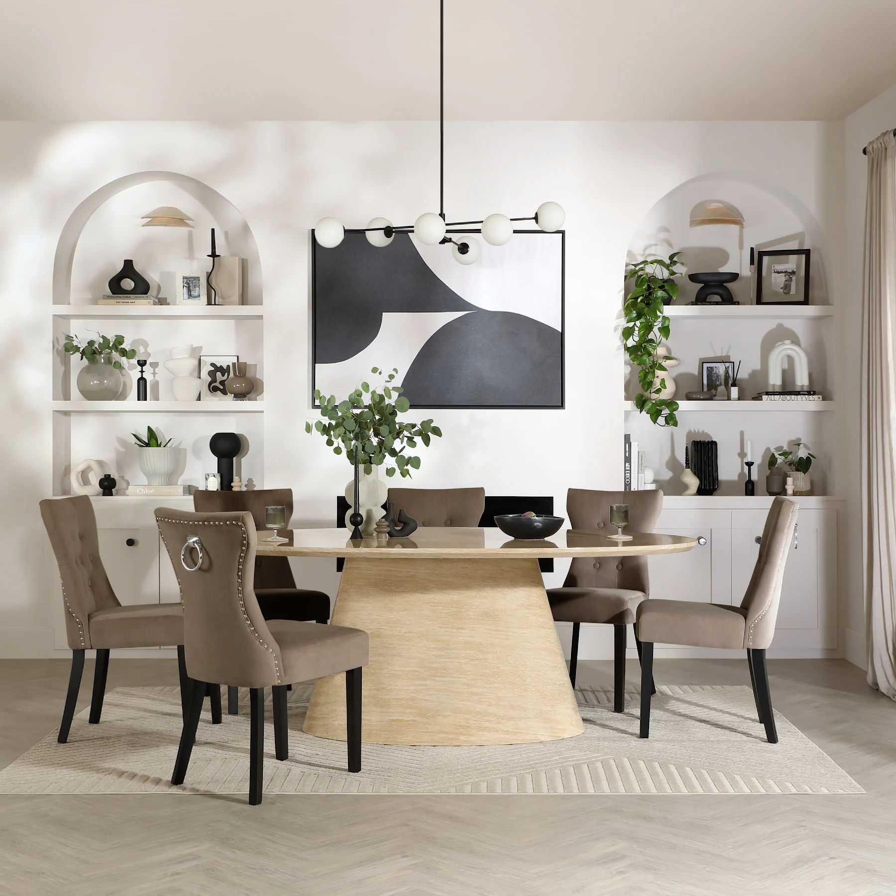 Accorto Oval Dining Table & 6 Kensington Chairs, Travertine Stone Effect, Beige Classic Velvet & Black Solid Hardwood, 200cm