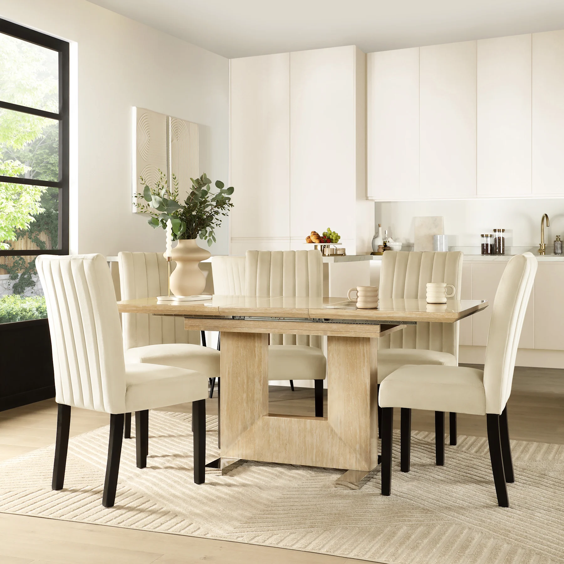 Florence Extending Dining Table & 4 Salisbury Chairs, Travertine Stone Effect, Ivory Classic Plush Fabric & Black Solid Hardwood, 120-160cm