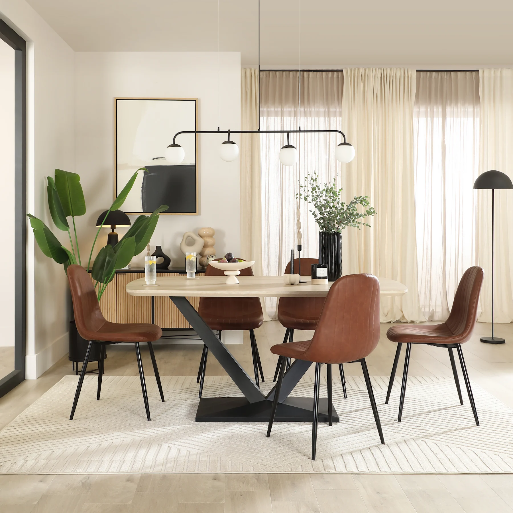 Avanta Dining Table & 4 Brooklyn Dining Chairs, Light Oak Effect & Black Steel, Tan Premium Faux Leather, 160cm