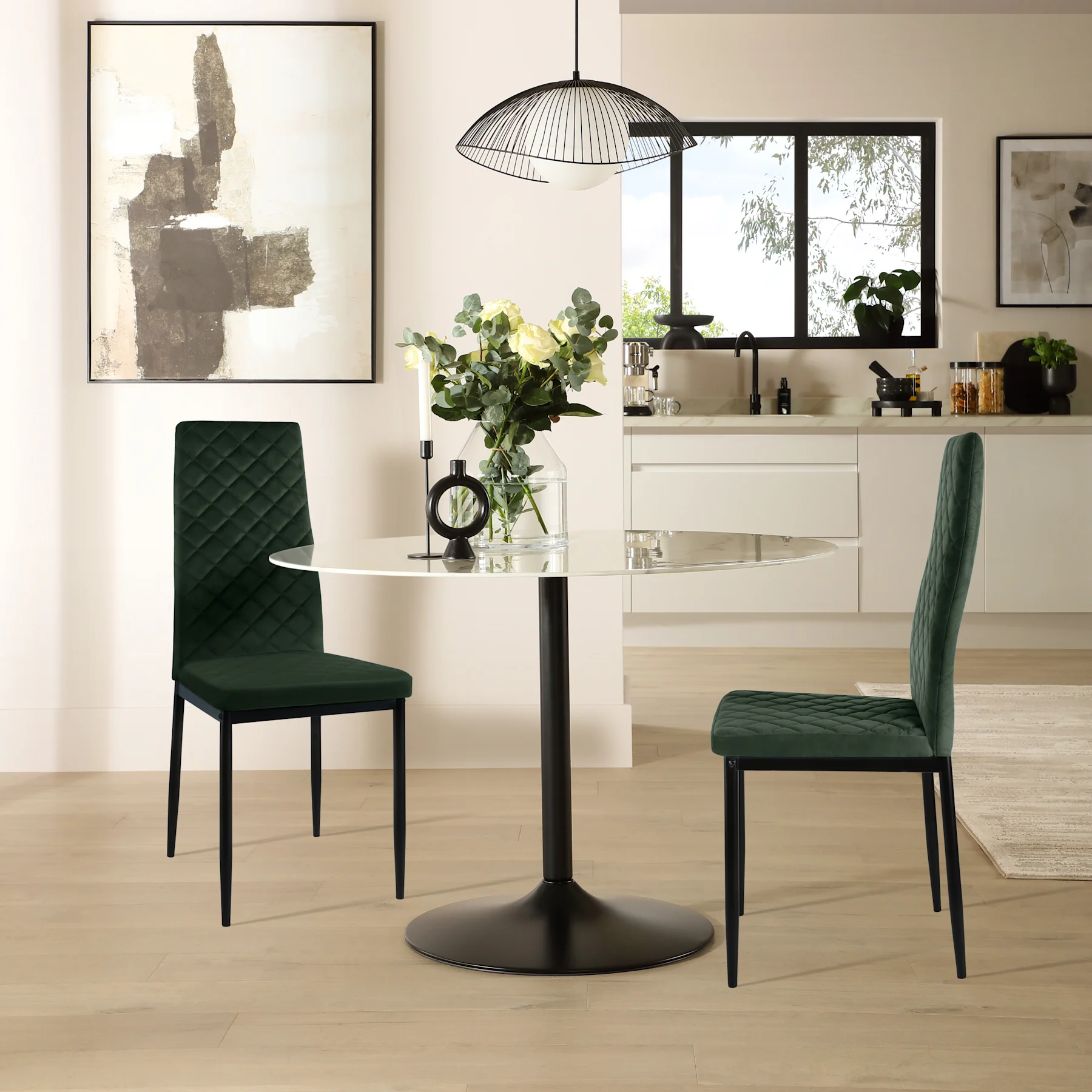 Orbit Round Dining Table & 2 Renzo  Chairs, White Marble Effect & Black Steel, Moss Green Classic Velvet, 150cm