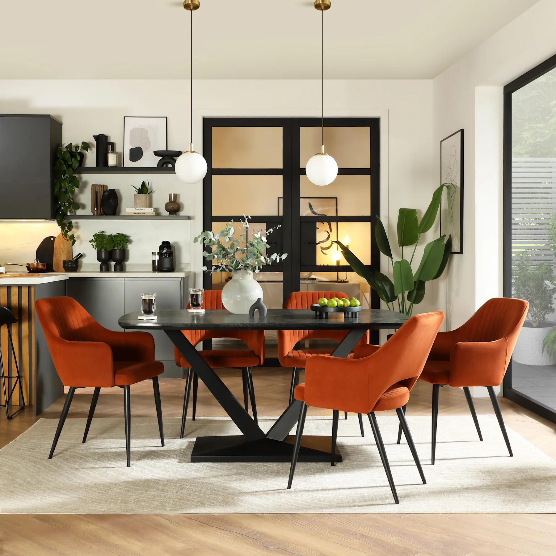 Avanta Dining Table & 6 Clara Dining Chairs, Black Oak Effect & Black Steel, Burnt Orange Classic Velvet, 160cm