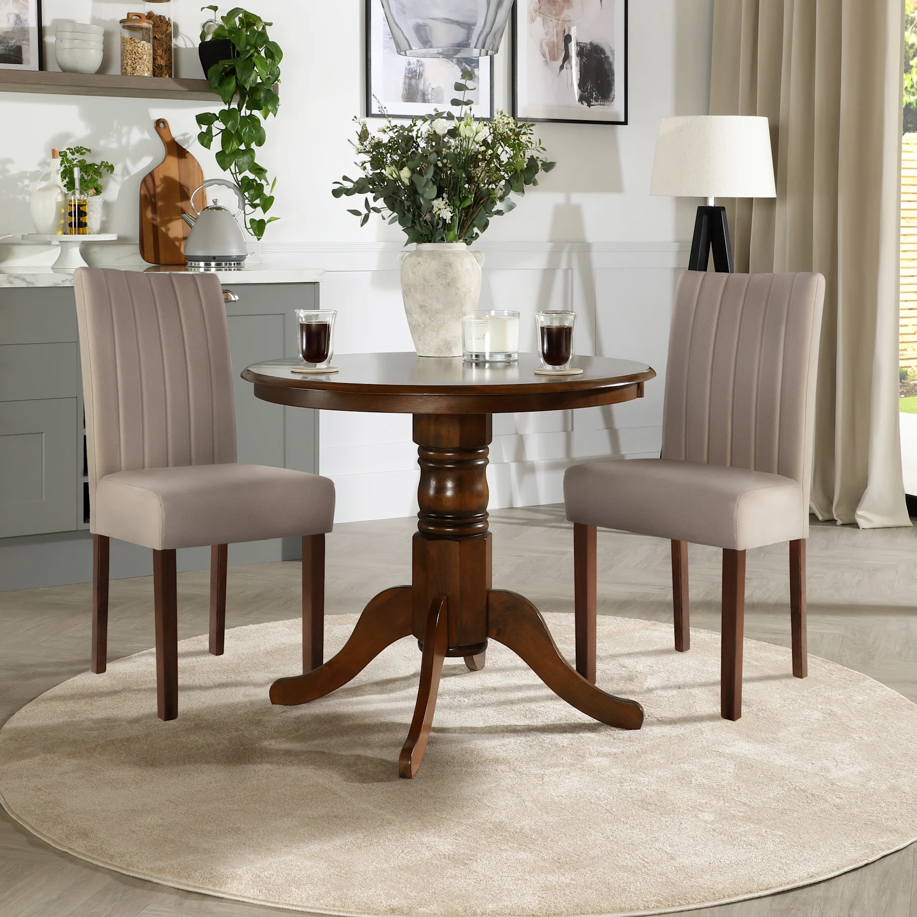 Kingston Round Dining Table & 2 Salisbury Chairs, Dark Solid Hardwood, Beige Classic Plush Fabric, 90cm