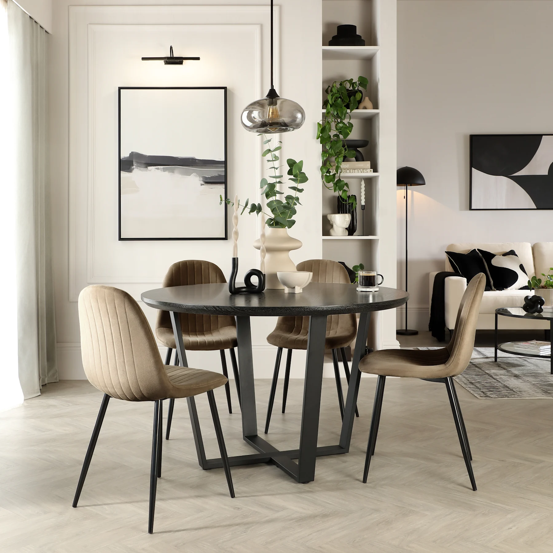 Traviso Round Dining Table & 4 Brooklyn Chairs, Black Oak Effect & Black Steel, Beige Classic Velvet, 120cm