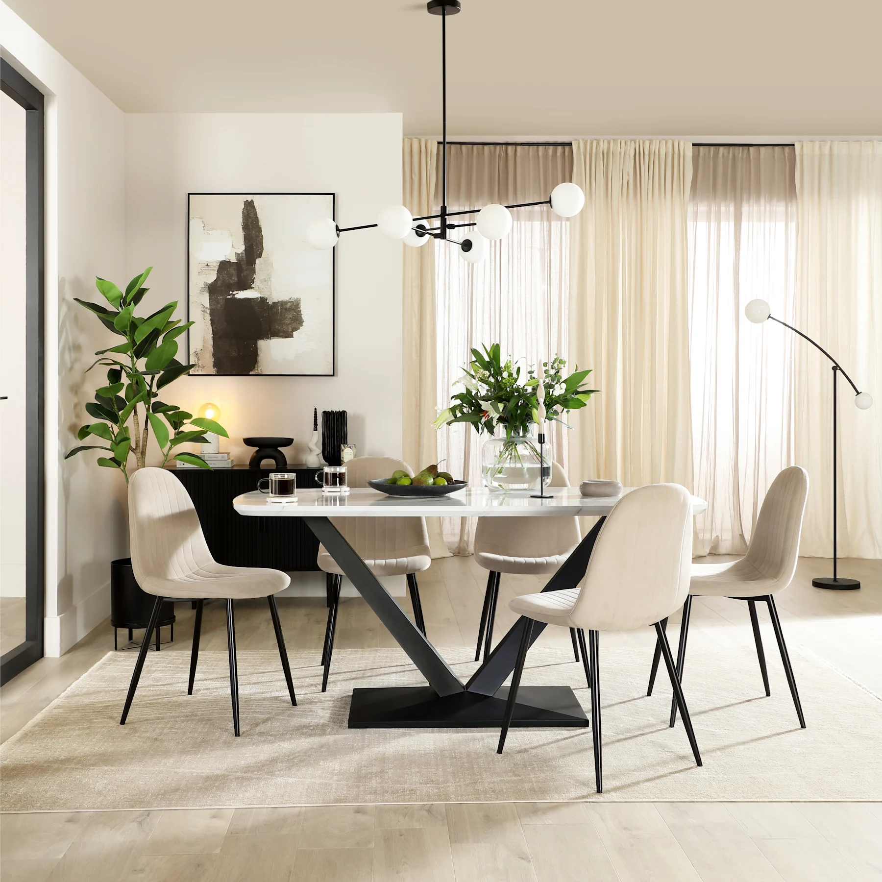 Avanta Dining Table & 6 Brooklyn Dining Chairs, White Marble Effect & Black Steel, Champagne Classic Velvet, 160cm