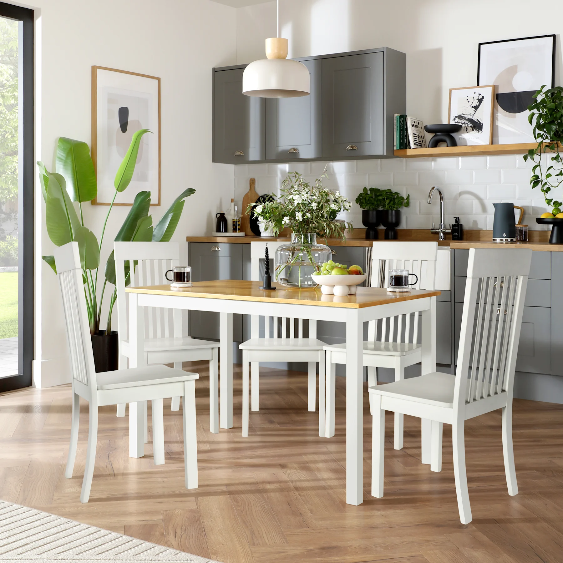 Milton Dining Table & 4 Oxford Chairs, Natural Oak Finish & White Solid Hardwood, 120cm