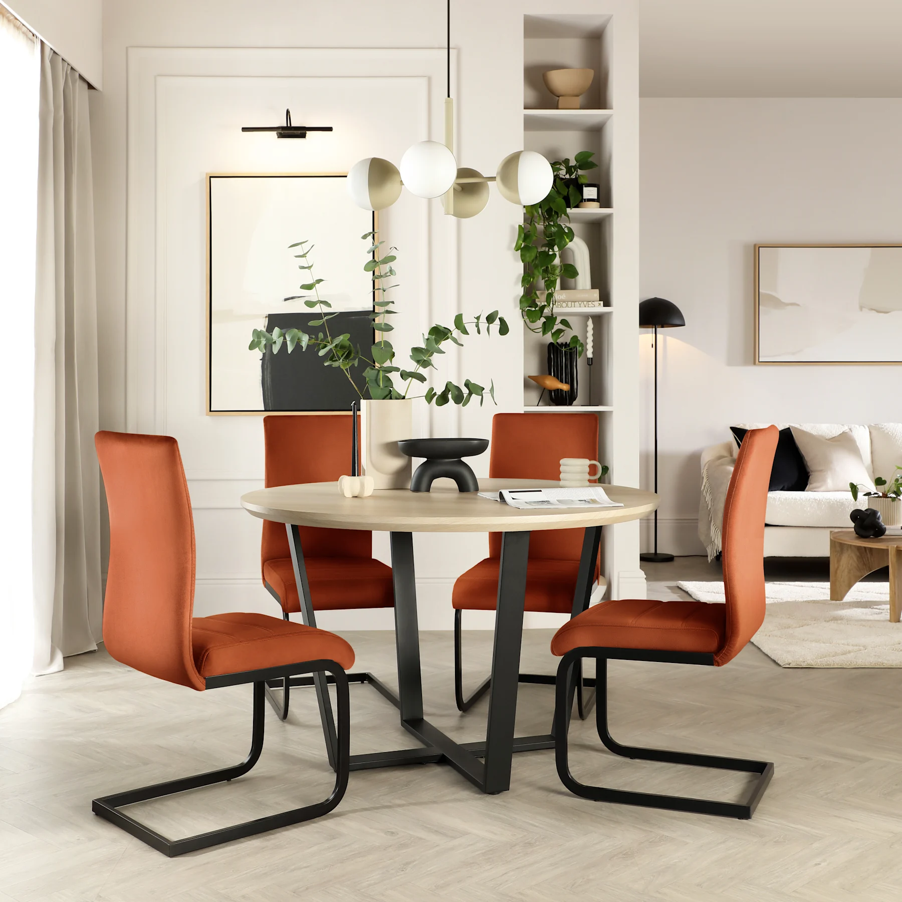 Traviso Round Dining Table & 4 Perth Chairs, Light Oak Effect & Black Steel, Burnt Orange Classic Velvet, 120cm
