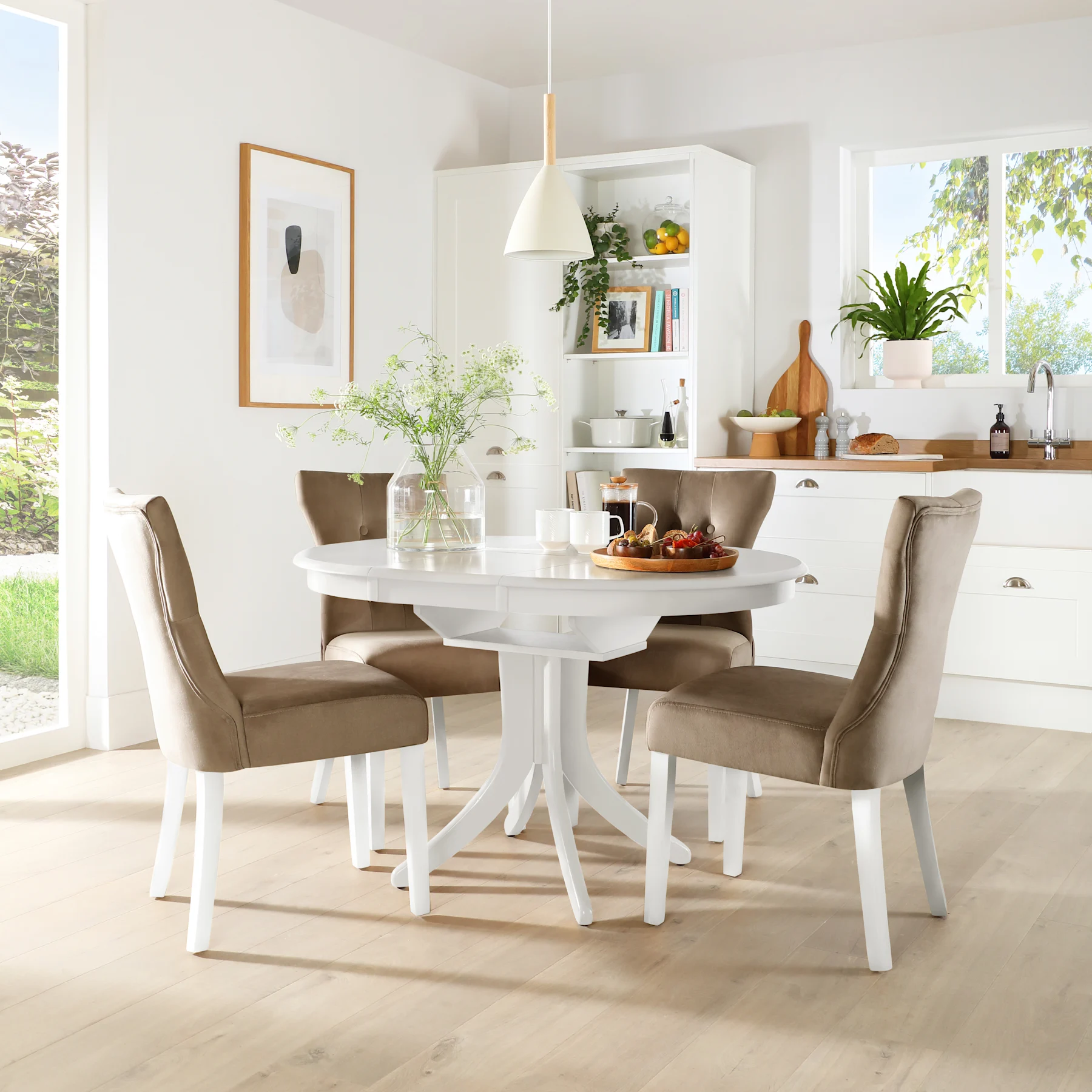 Hudson Round Extending Dining Table & 4 Bewley Chairs, White Wood, Beige Classic Velvet, 90-120cm