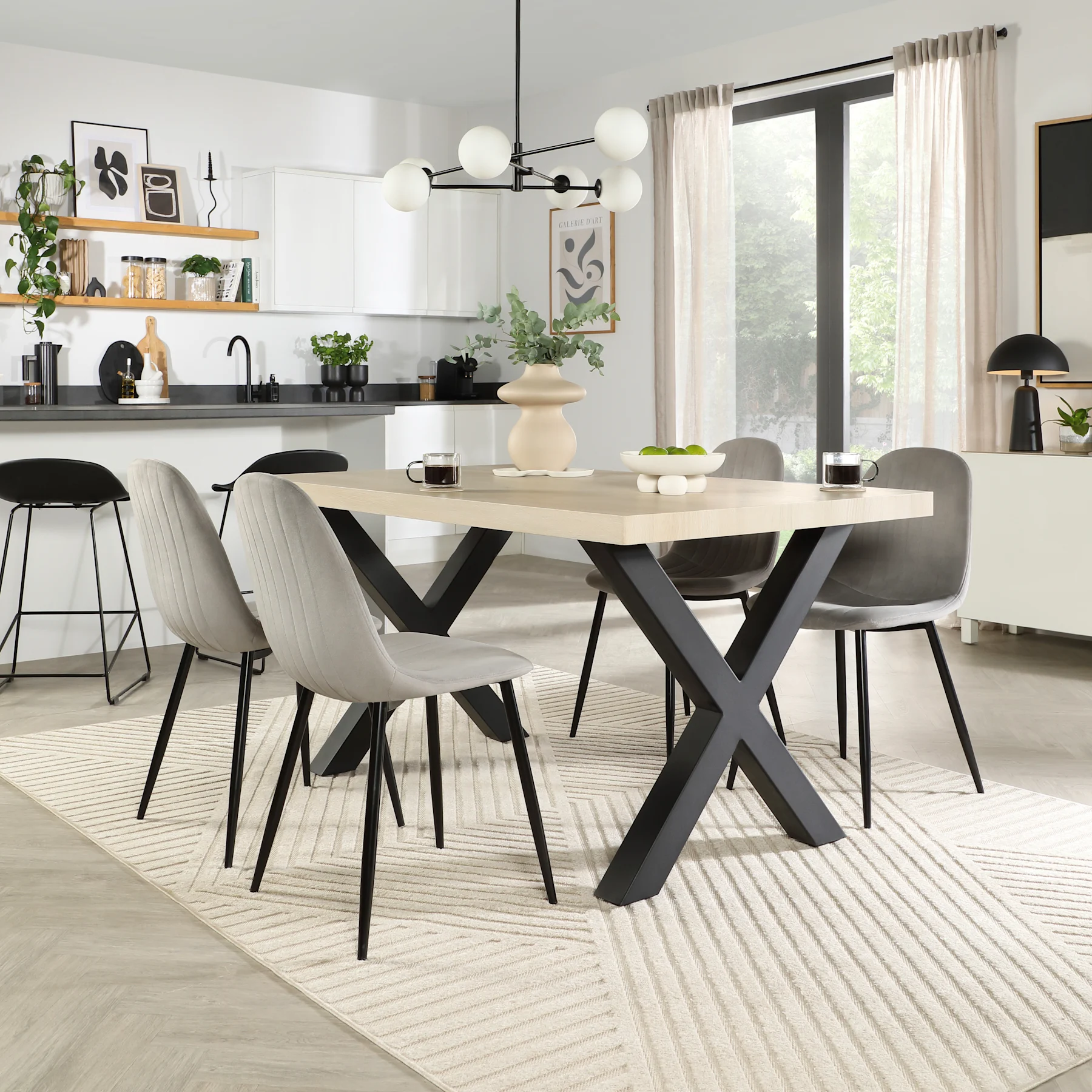 Franklin Dining Table & 4 Brooklyn Chairs, Light Oak Effect & Black Steel, Grey Classic Velvet, 150cm
