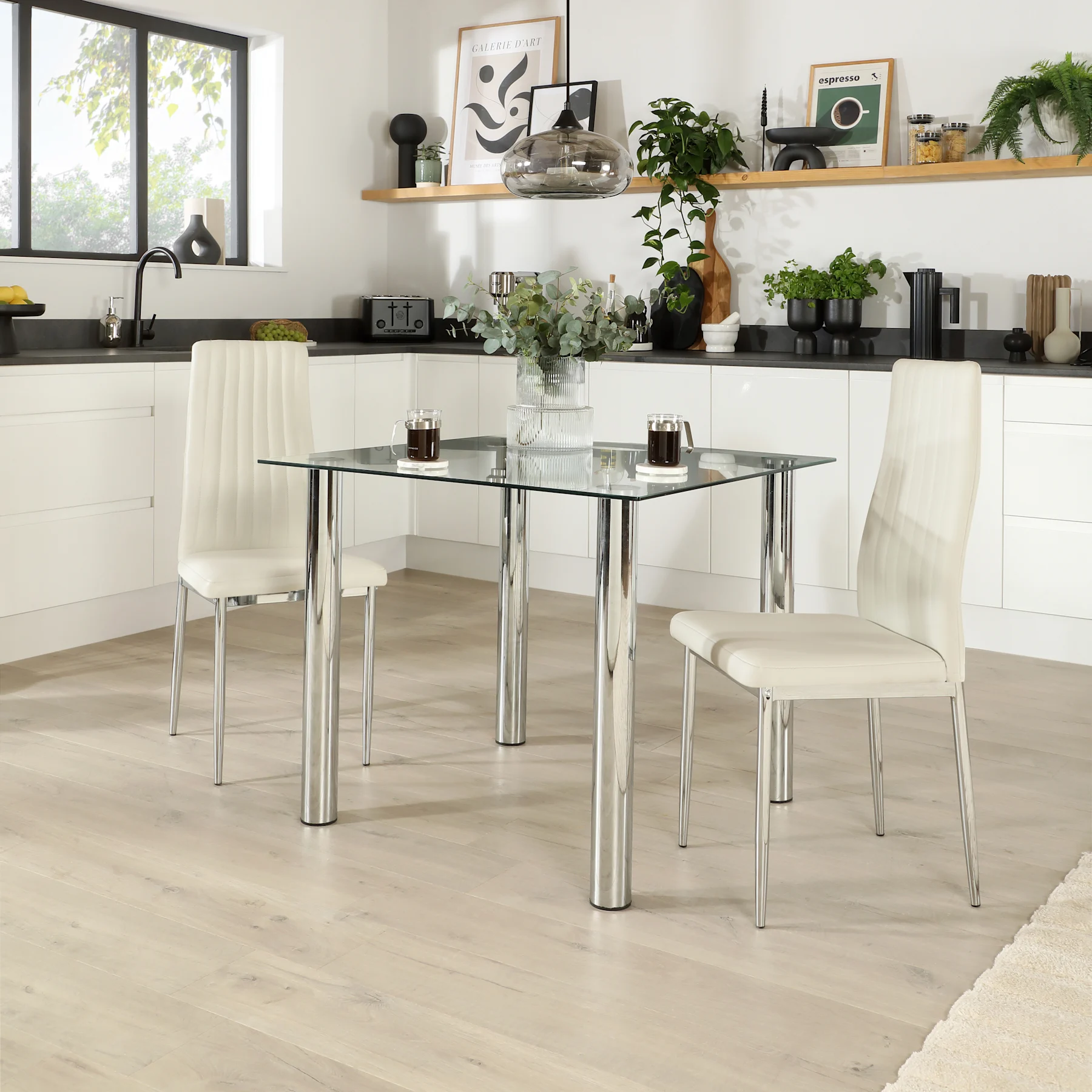 Nova Square Dining Table & 2 Leon Chairs, Glass & Chrome, White Premium Faux Leather, 90cm