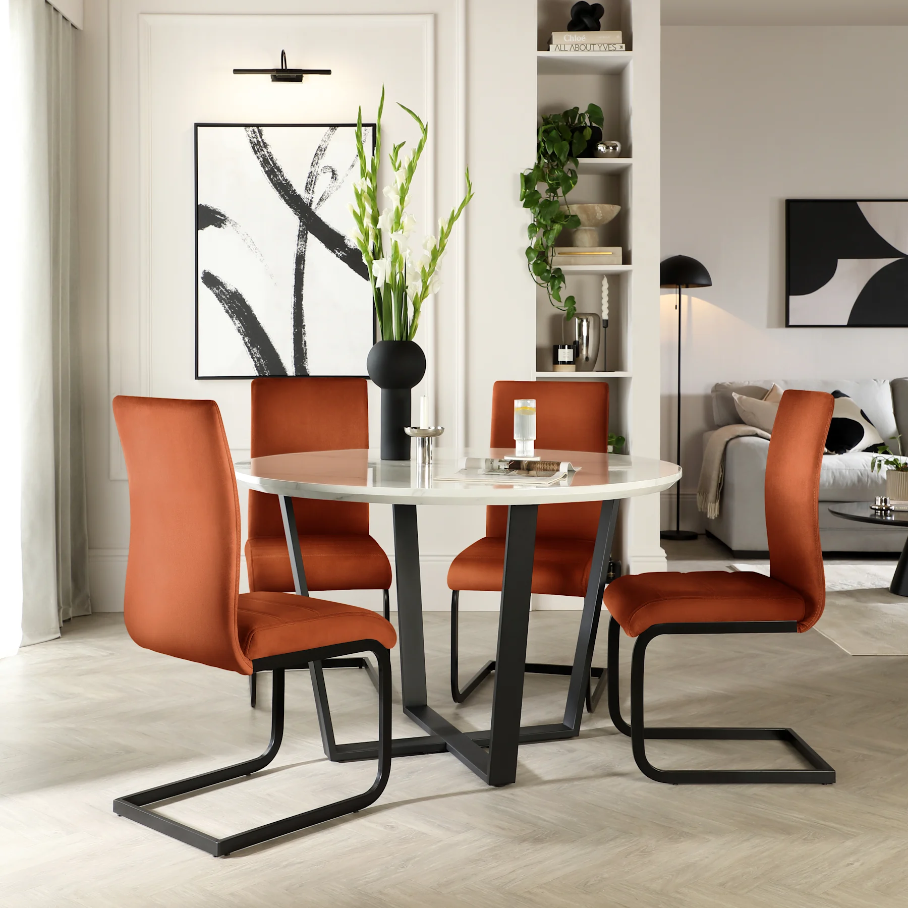 Traviso Round Dining Table & 4 Perth Chairs, White Marble Effect & Black Steel, Burnt Orange Classic Velvet, 120cm