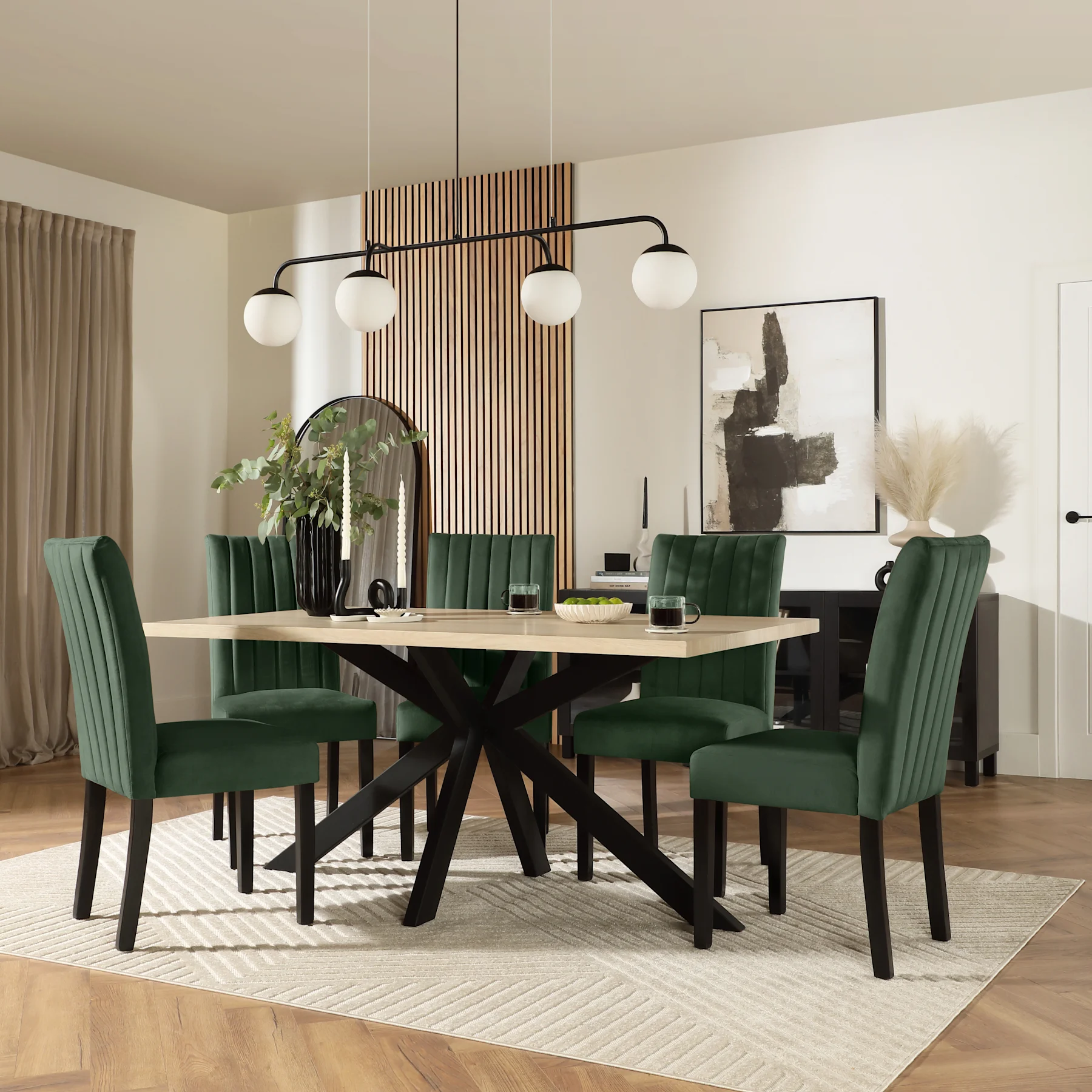 Madison Dining Table & 4 Salisbury Chairs, Light Oak Effect & Black Steel, Moss Green Classic Velvet & Black Solid Hardwood, 160cm
