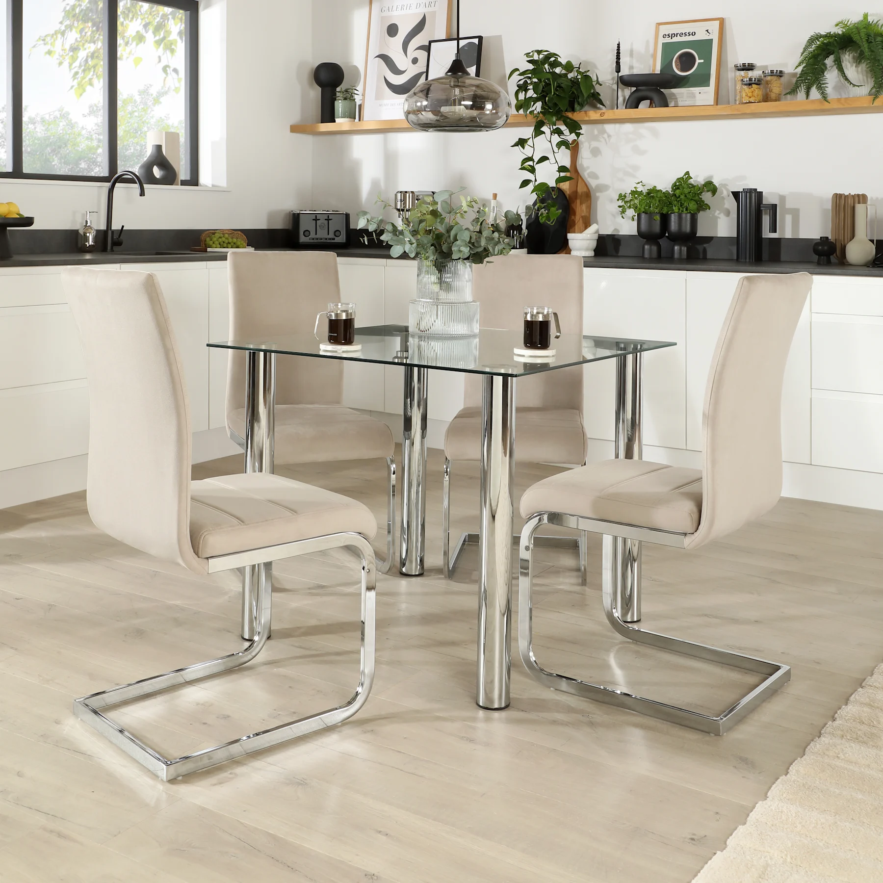 Nova Square Dining Table & 4 Perth Chairs, Glass & Chrome, Champagne Classic Velvet, 90cm