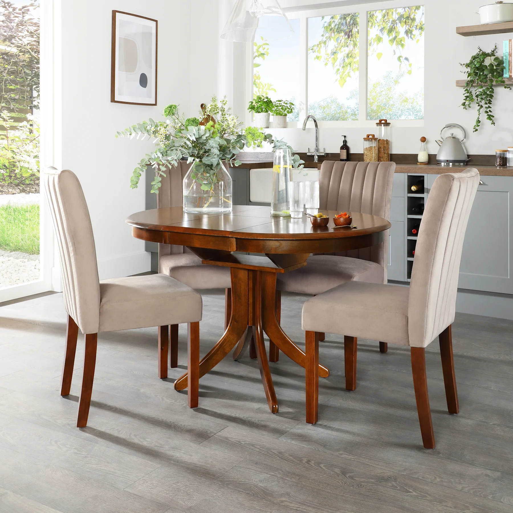 Hudson Round Extending Dining Table & 4 Salisbury Chairs, Dark Solid Hardwood, Beige Classic Plush Fabric, 90-120cm
