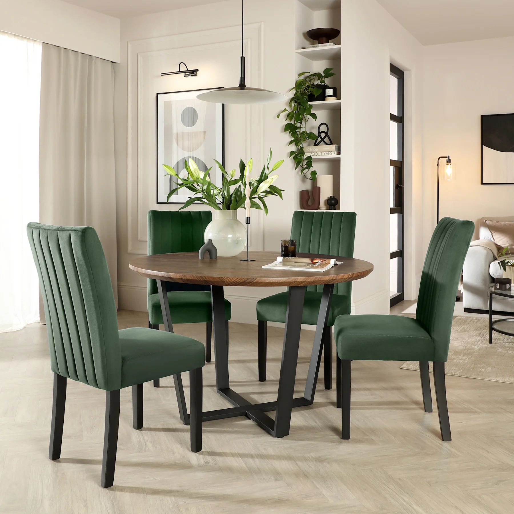 Traviso Round Dining Table & 4 Salisbury Chairs, Industrial Walnut Effect & Black Steel, Moss Green Classic Velvet & Black Solid Hardwood, 120cm