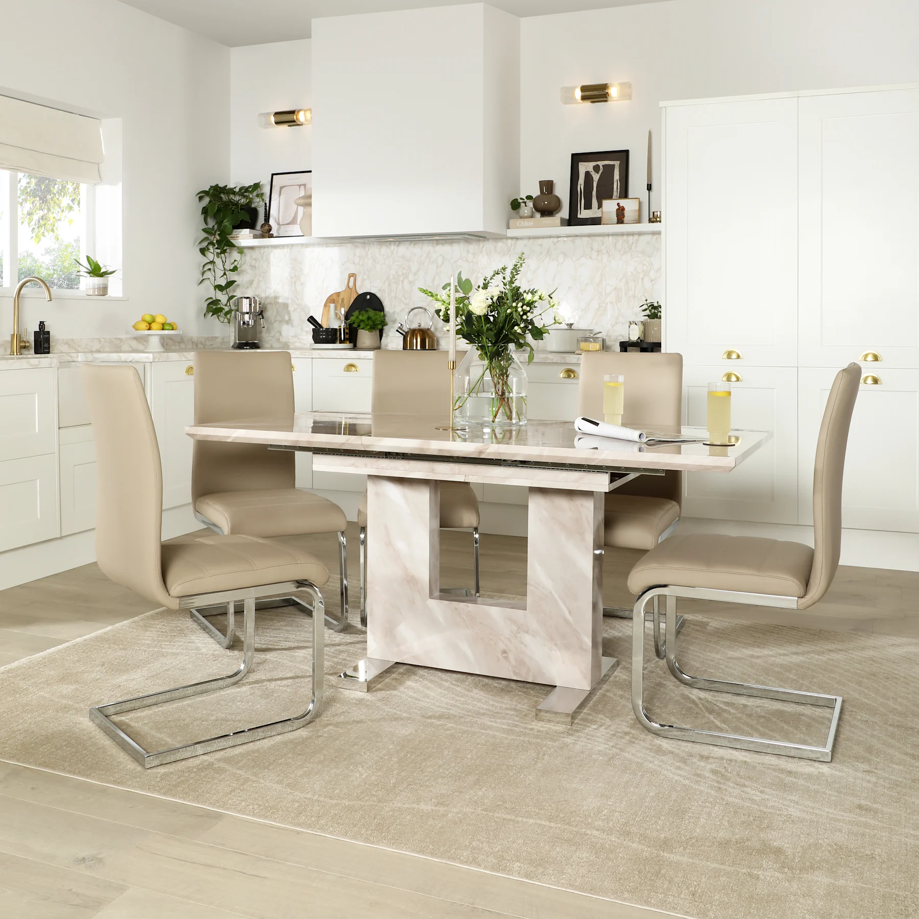 Florence Extending Dining Table & 6 Perth Chairs, Beige Marble Effect, Stone Grey Premium Faux Leather & Chrome, 120-160cm