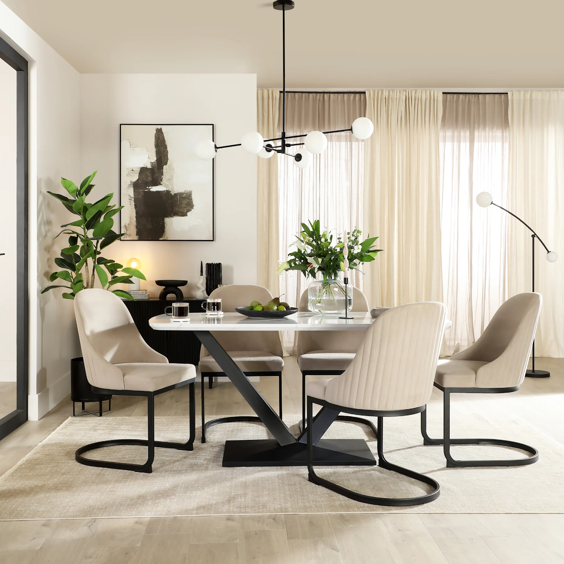 Avanta Dining Table & 6 Riva Dining Chairs, White Marble Effect & Black Steel, Champagne Classic Velvet, 160cm