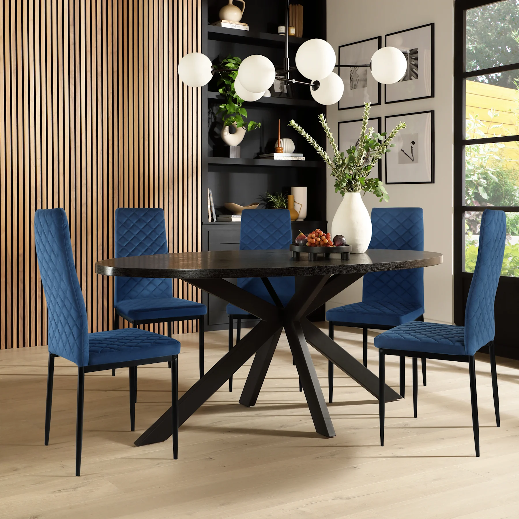 Madison Oval Dining Table & 4 Renzo  Chairs, Black Oak Effect & Black Steel, Blue Classic Velvet, 150cm