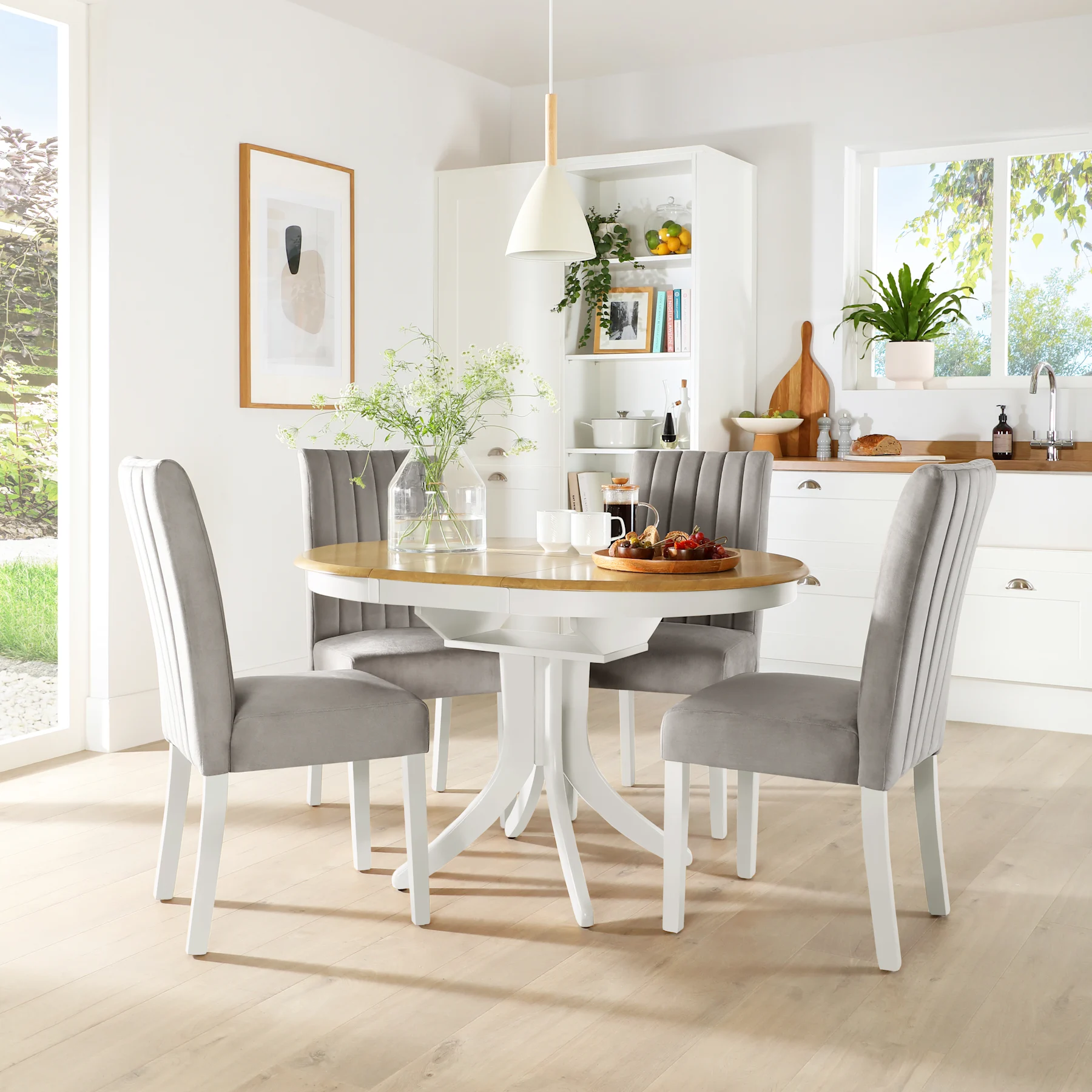 Hudson Round Extending Dining Table & 6 Salisbury Chairs, Natural Oak Finish & White Solid Hardwood, Grey Classic Velvet, 90-120cm