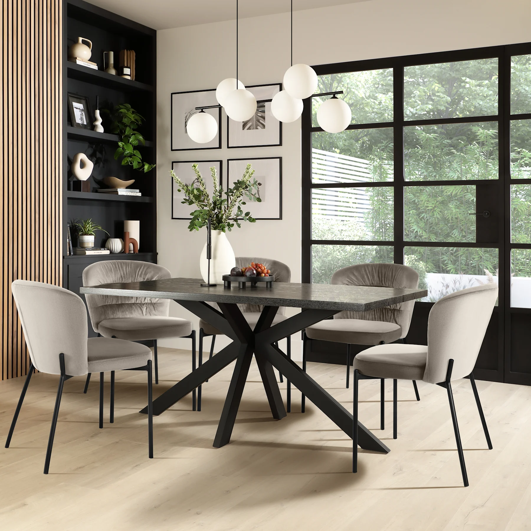 Madison Dining Table & 4 Gianna Chairs, Black Oak Effect & Black Steel, Grey Classic Velvet, 160cm