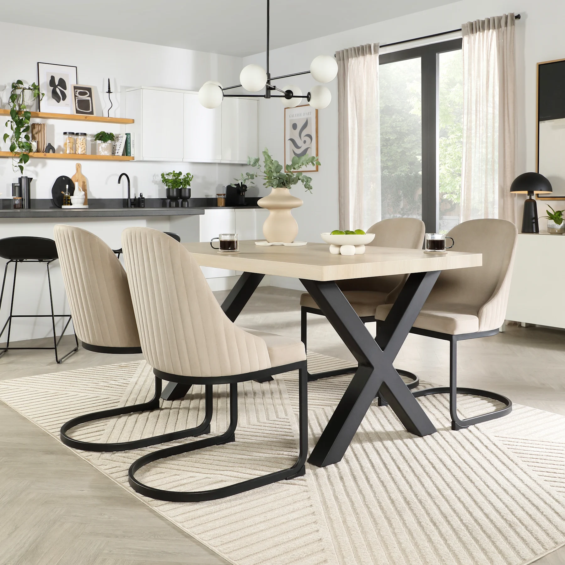 Franklin Dining Table & 4 Riva Chairs, Light Oak Effect & Black Steel, Champagne Classic Velvet, 150cm