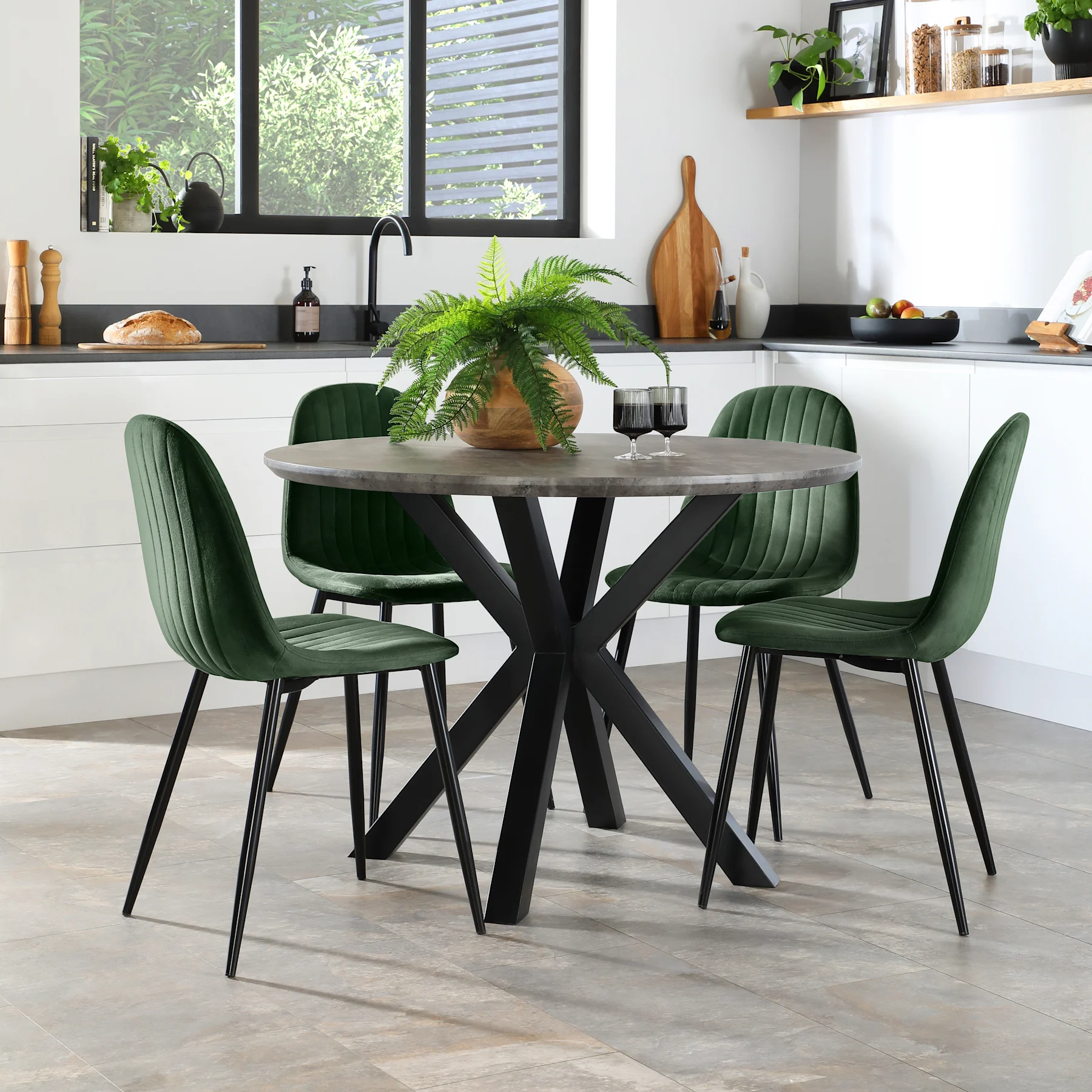 Newark Round Industrial Dining Table & 4 Brooklyn Chairs, Grey Concrete Effect & Black Steel, Moss Green Classic Velvet, 110cm