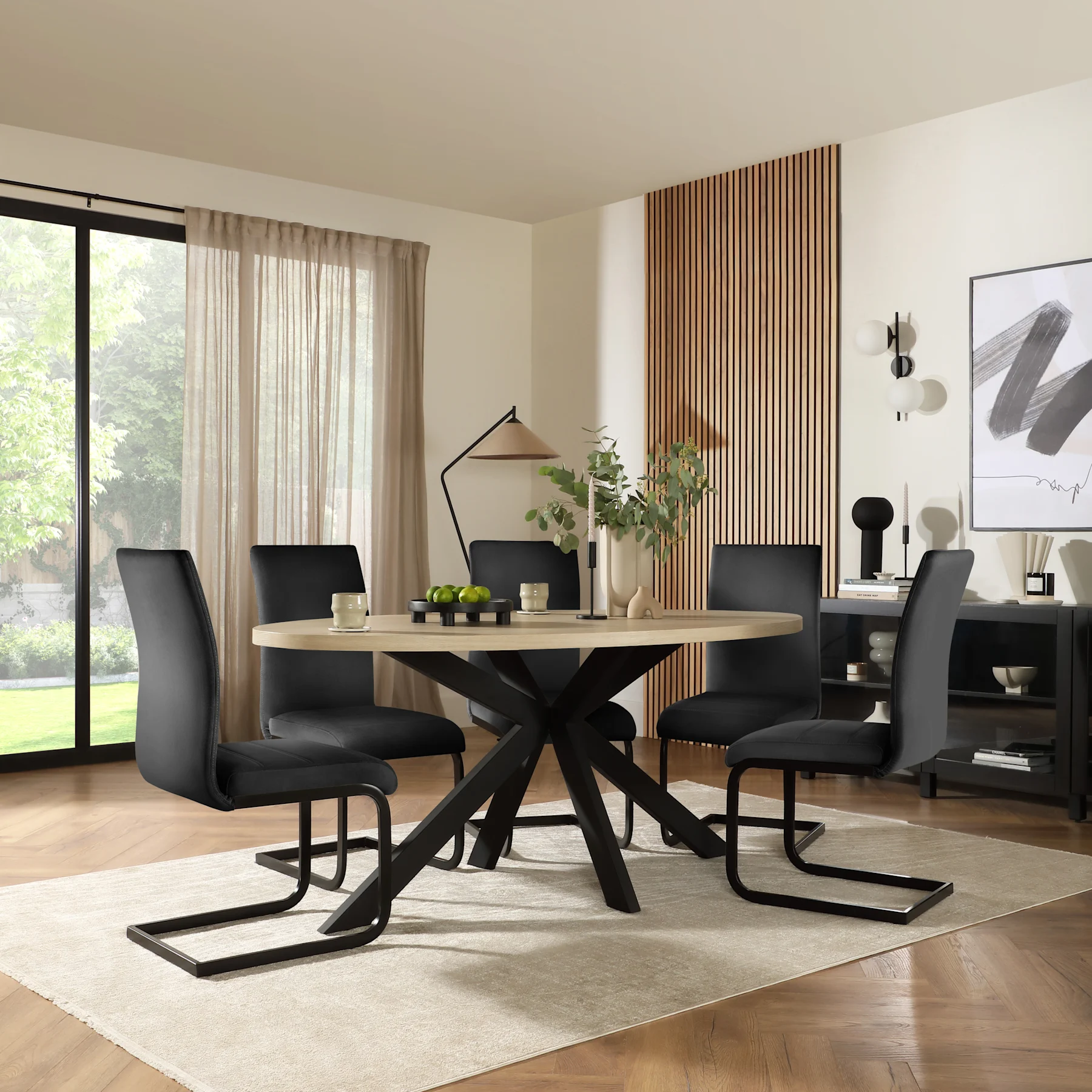 Madison Oval Dining Table & 4 Perth Chairs, Light Oak Effect & Black Steel, Black Classic Velvet, 180cm