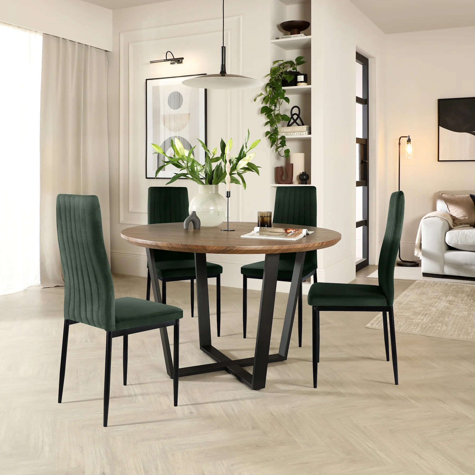 Traviso Round Dining Table & 4 Leon Chairs, Walnut Effect & Black Steel, Moss Green Classic Velvet, 120cm