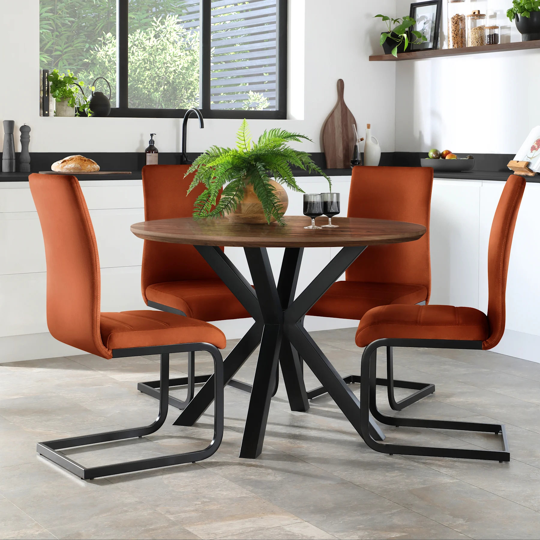 Newark Round Industrial Dining Table & 4 Perth Chairs, Walnut Effect & Black Steel, Burnt Orange Classic Velvet, 110cm
